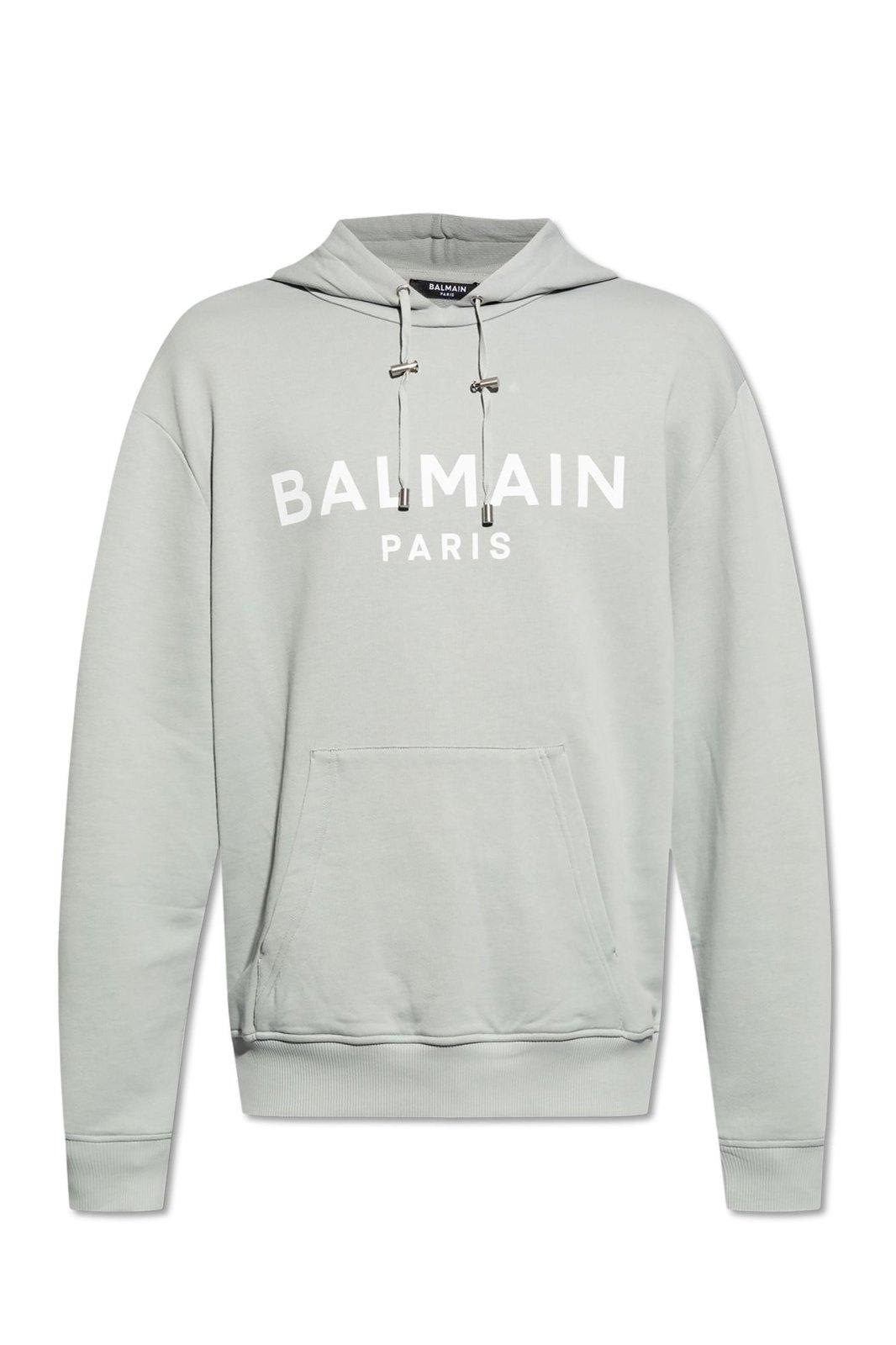 Shop Balmain Logo Printed Drawstring Sweatshirt In Grey