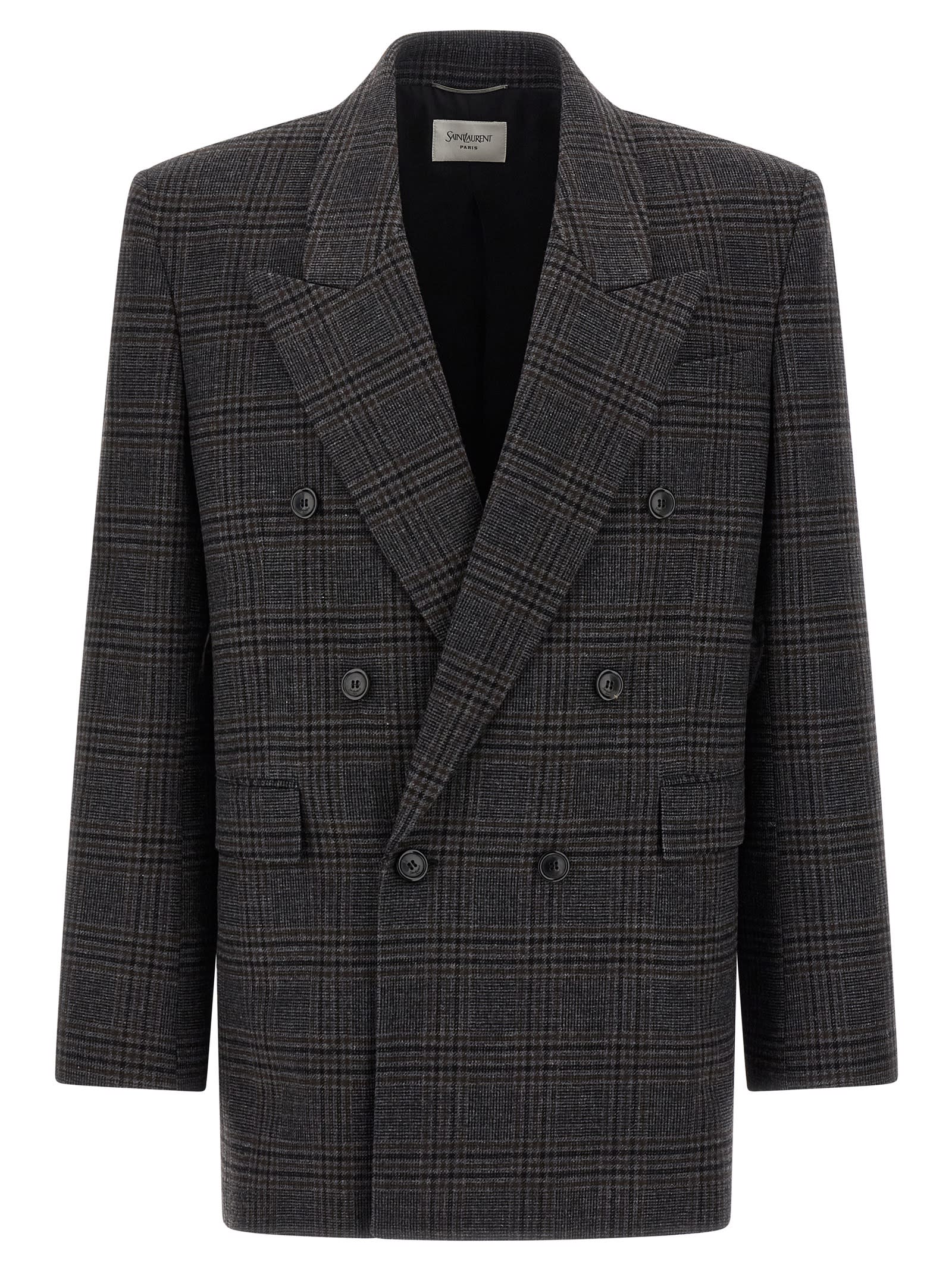 Saint Laurent Double-breasted Blazer Featuring Structured Shoulders In Gray