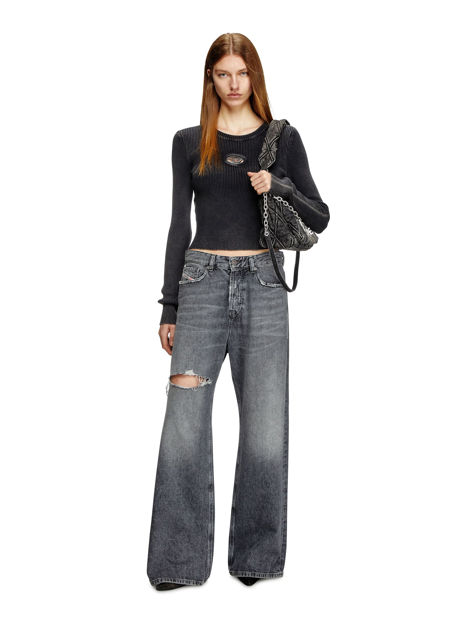 Diesel M-anchor-a Cropped Denim Sweatshirt With Cut-out Detail In Black