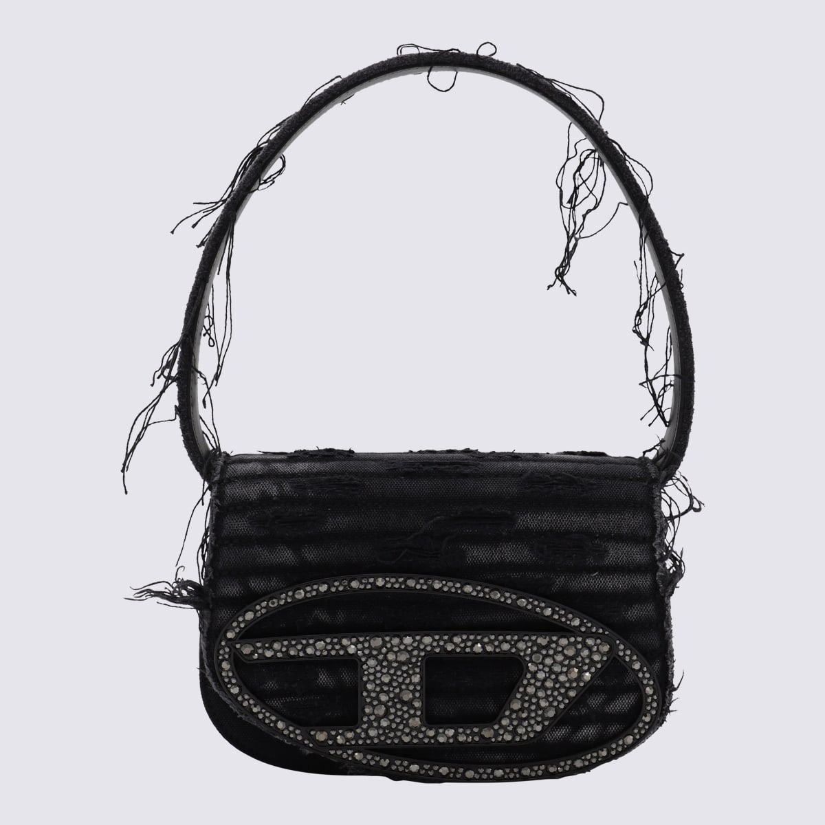 Diesel 1dr Black Shoulder Bag With Oval D Plaque With Rhinestones And Fringed Edges In Cotton And Leather B