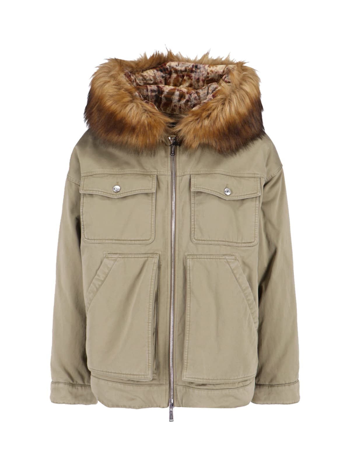 Dsquared2 Relaxed Jacket With Faux Fur Trim In Neutral