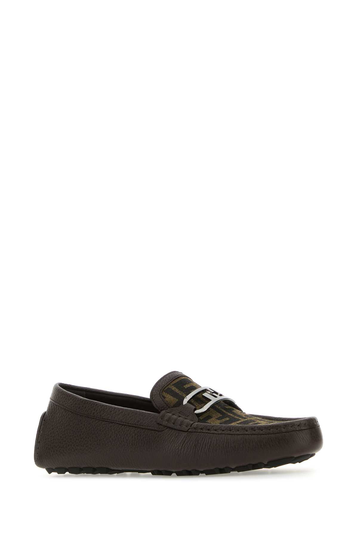 Shop Fendi Brown Leather And Fabric Driver O Lock Loafers In Marrone
