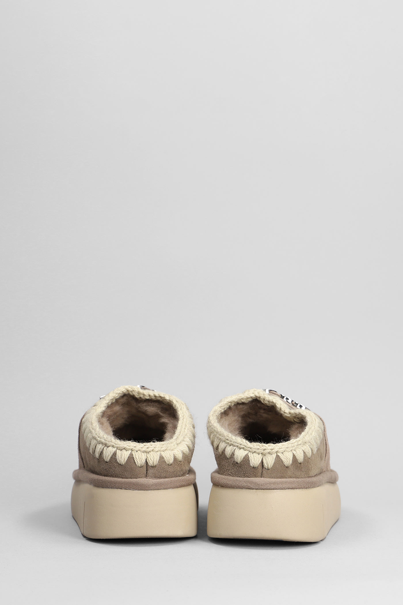 Mou 'bounce' Brown Mules With Logo Lettering And Open Rear In Grey