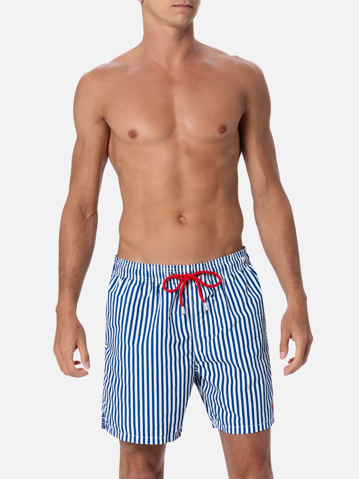 Mc2 Saint Barth Man Mid-length Striped Gustavia Swim-shorts With St. Barth Embroidery In Blue