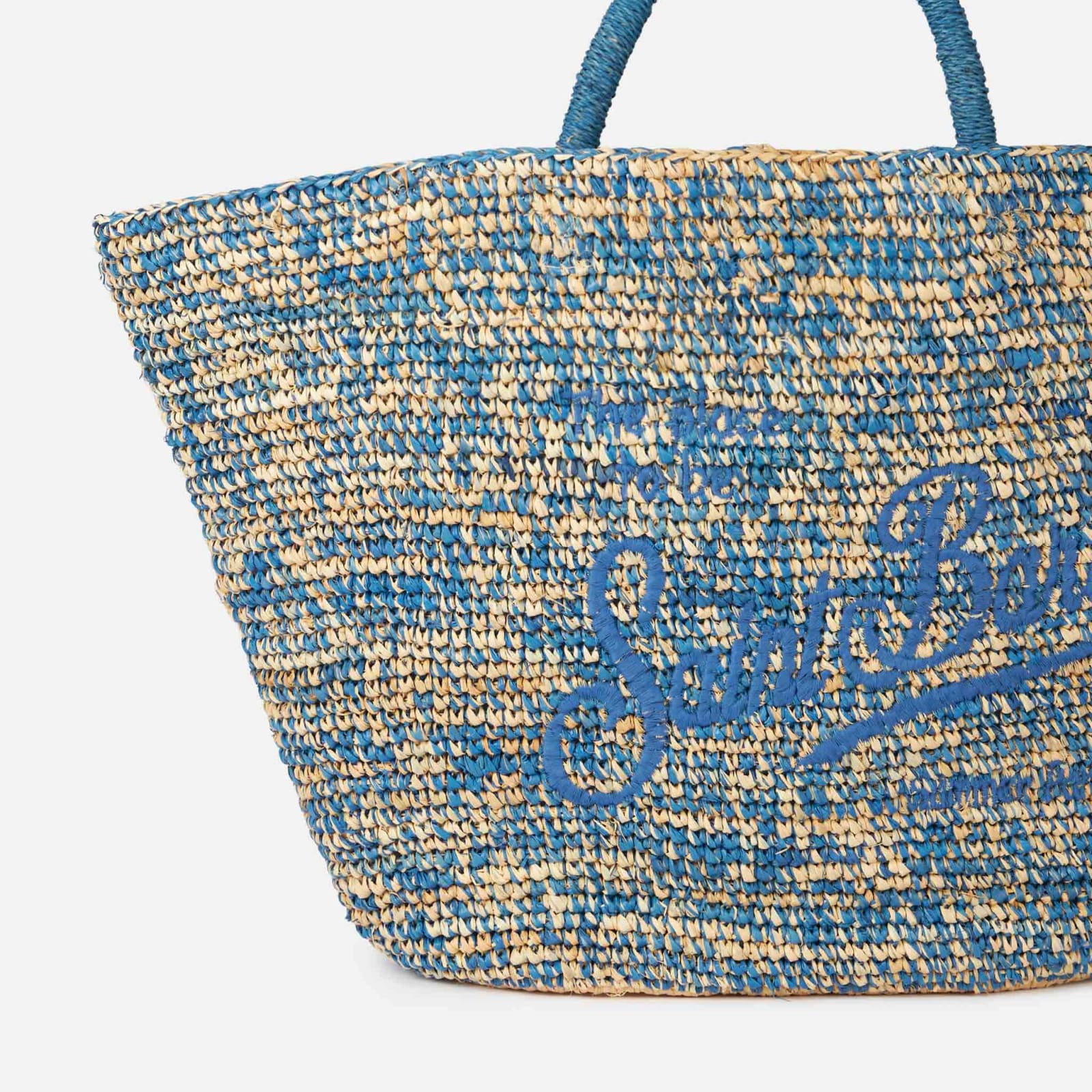 Shop Mc2 Saint Barth Raffia Blue And White Bag With Front Embroidery