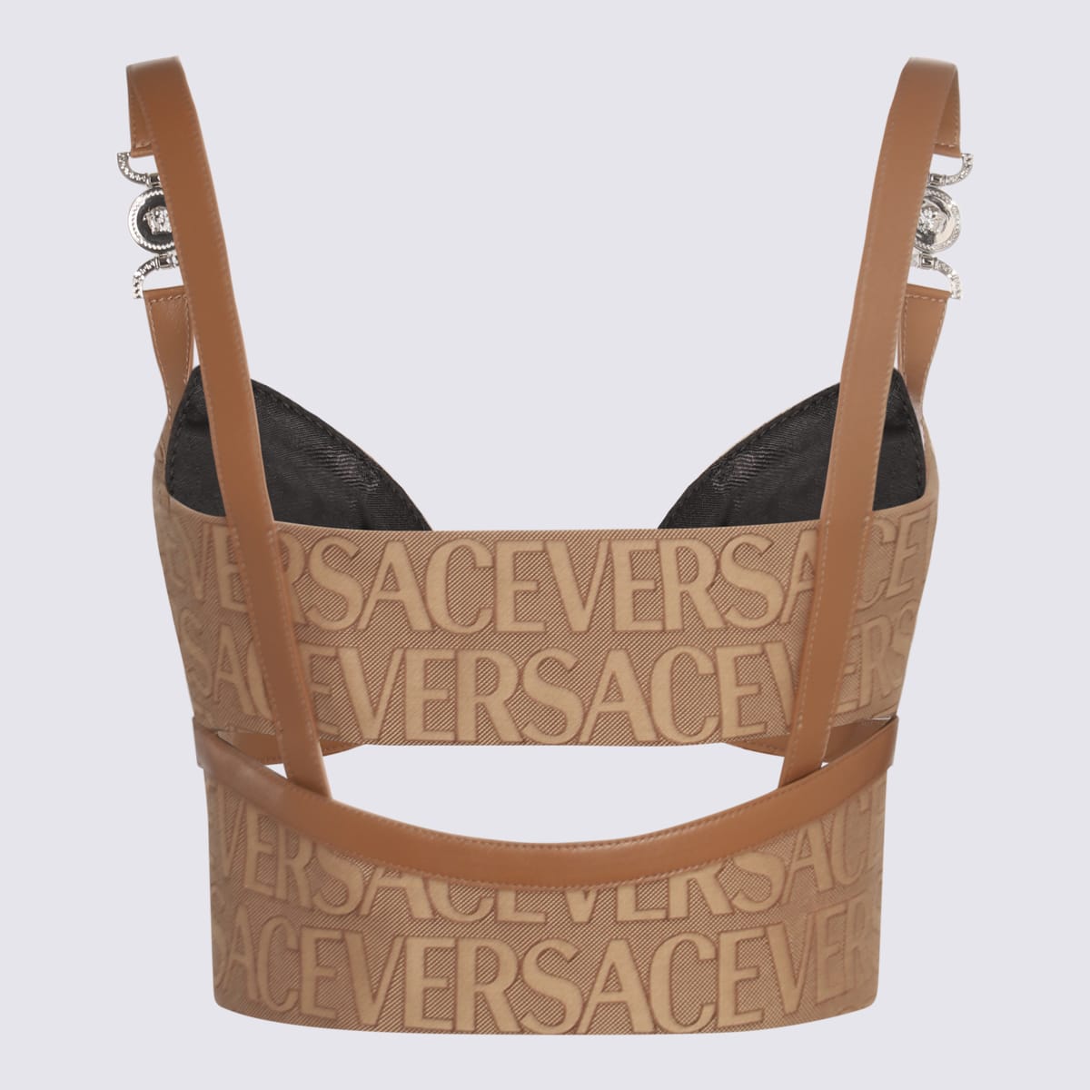 Shop Versace Brown Cotton And Leather Top In Brown/beige