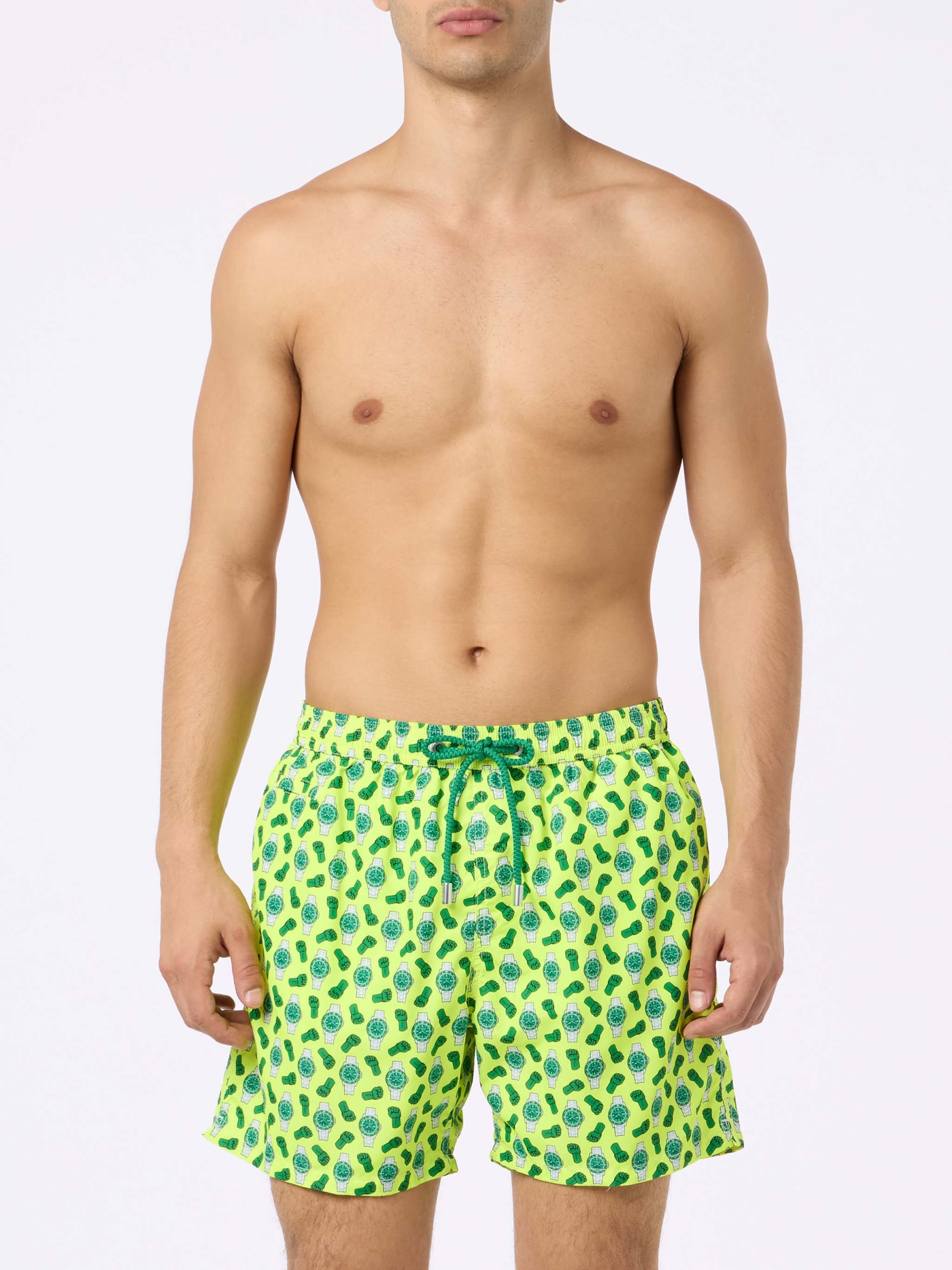 Shop Mc2 Saint Barth Man Lightweight Fabric Swim-shorts Lighting Micro Fantasy With Watches Print In Yellow