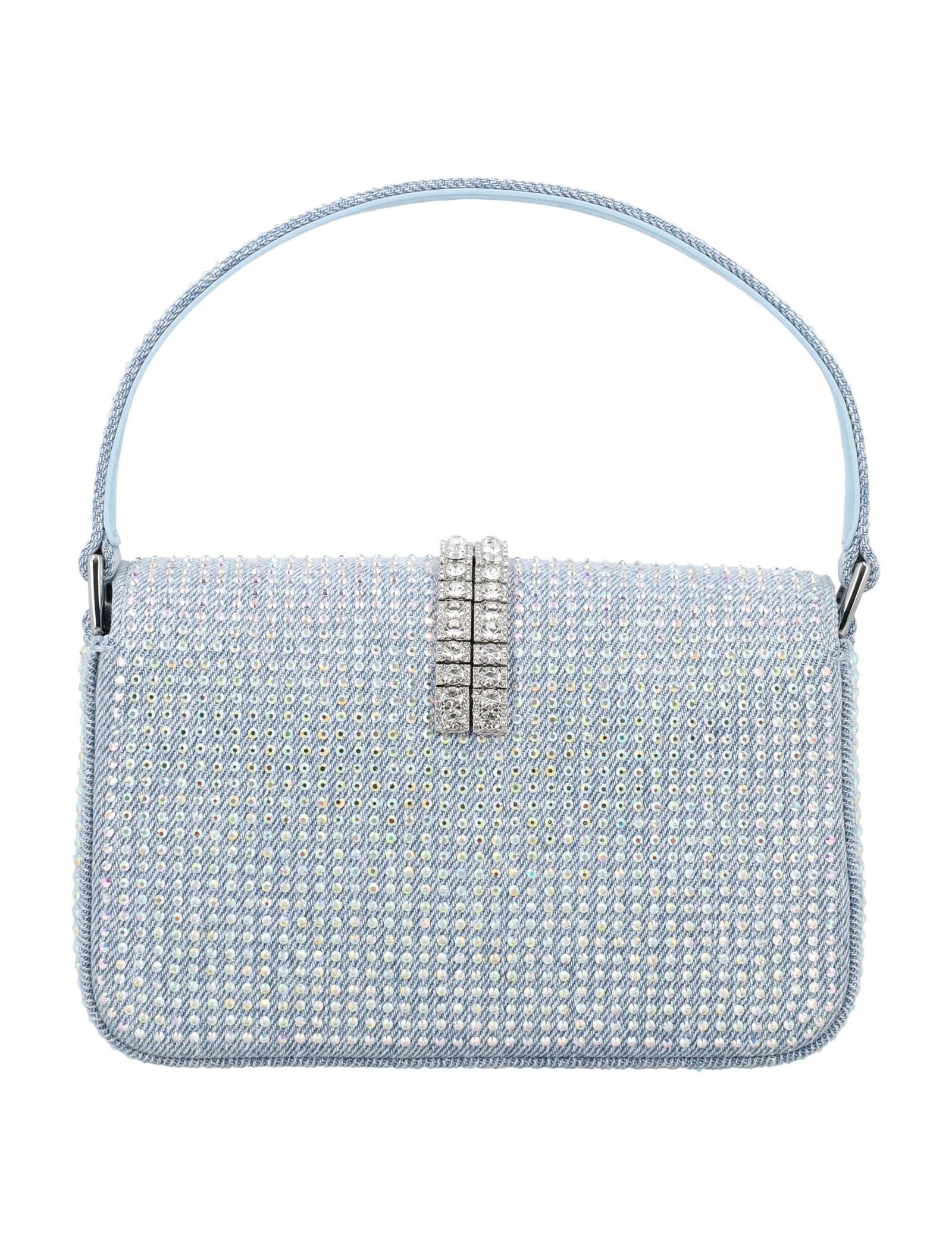 Shop Self-portrait Rhinestone Denim Baguette In Light Blue