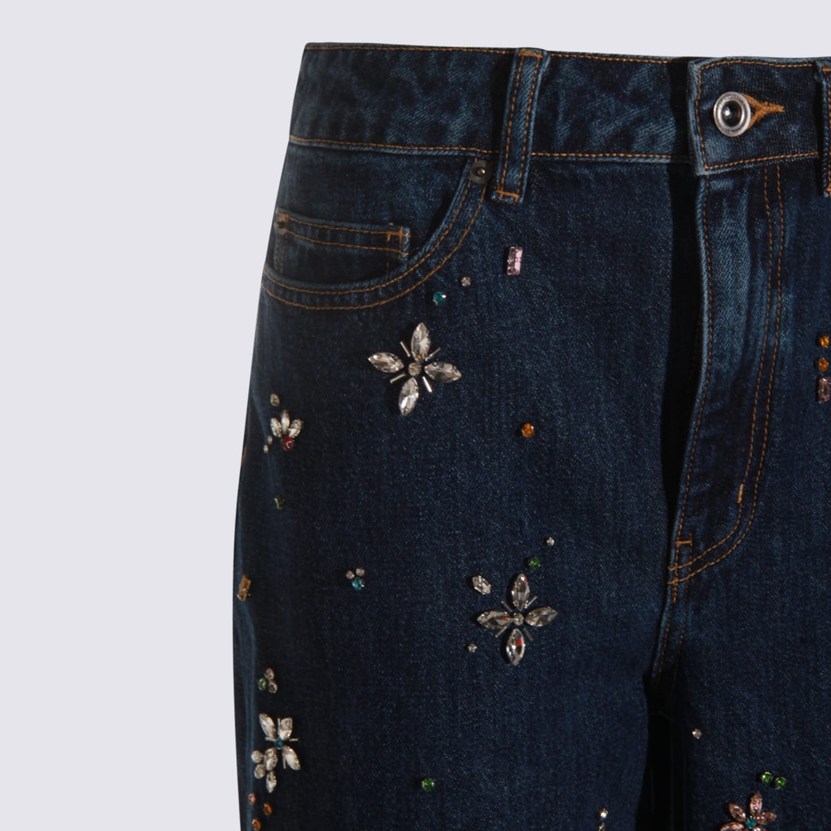 Self-portrait Wide-leg Denim Jeans With Floral Embellishments In Blue