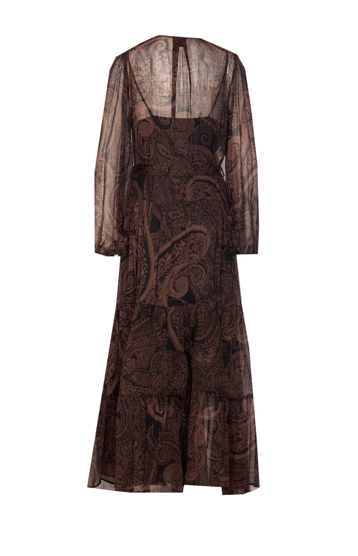 Pinko Long Sleeve Tiered Dress With Belt Detail In Brown