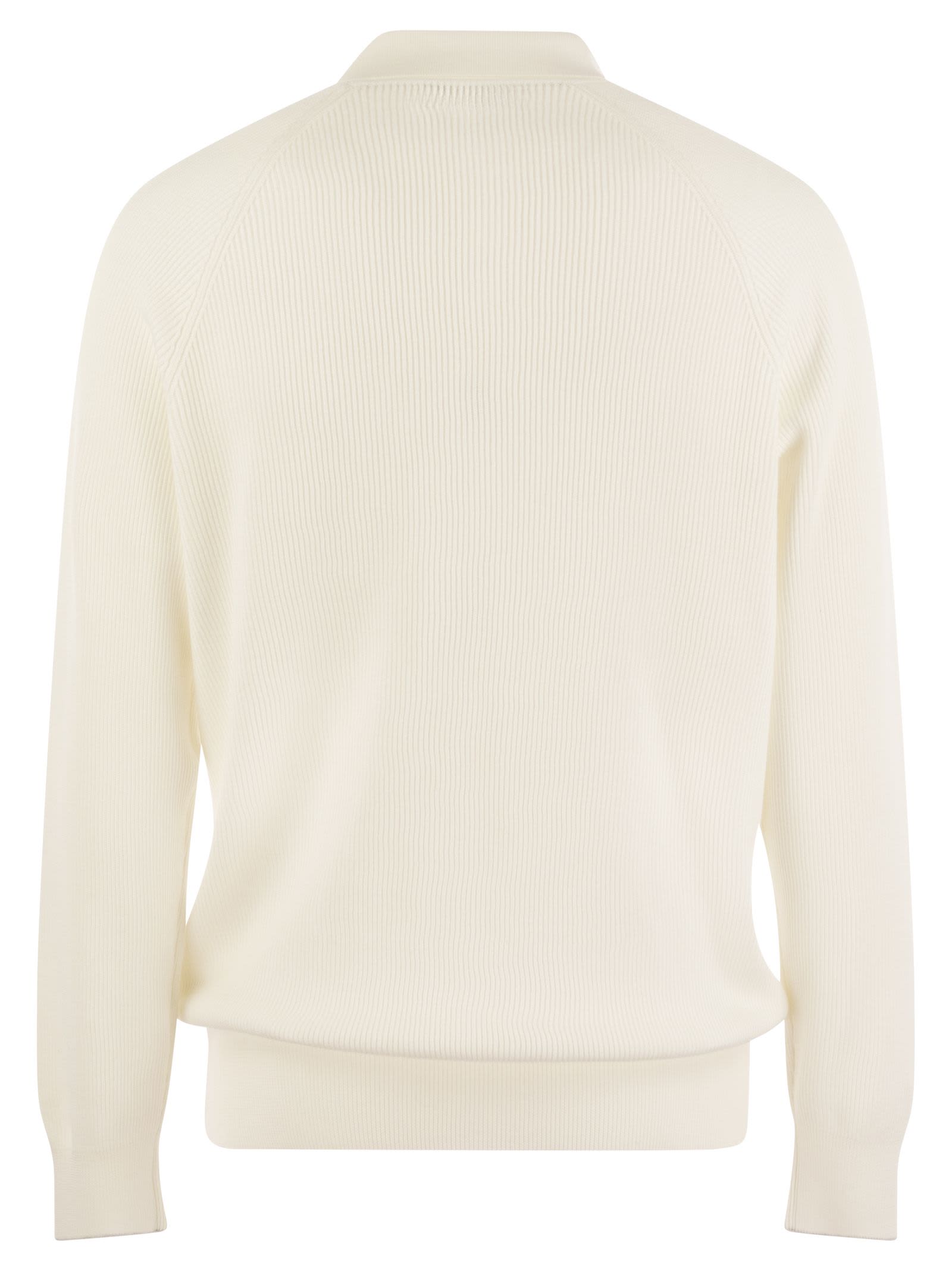 Shop Brunello Cucinelli Cotton Rib Knit Polo Shirt With Long Raglan Sleeve In Cream