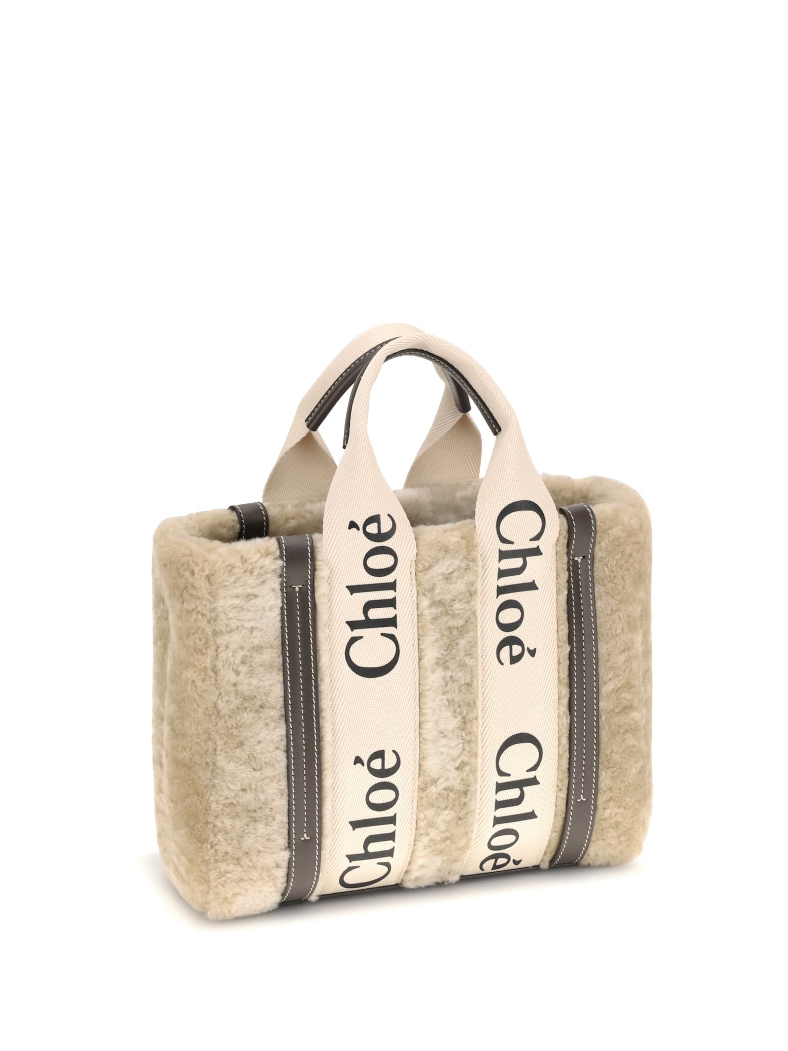 Chloé Small Woody Shearling Tote Bag In White