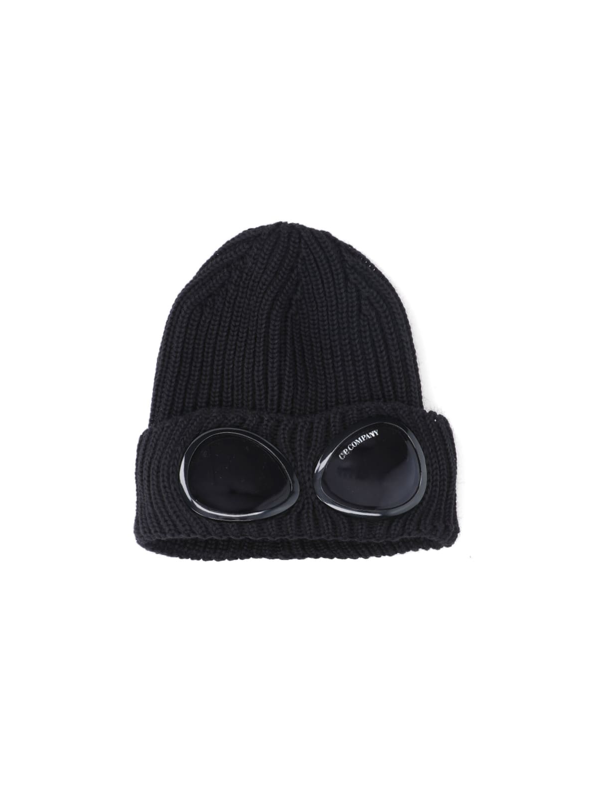 C.p. Company Black Knit Beanie With Googles Detail On The Front In Black