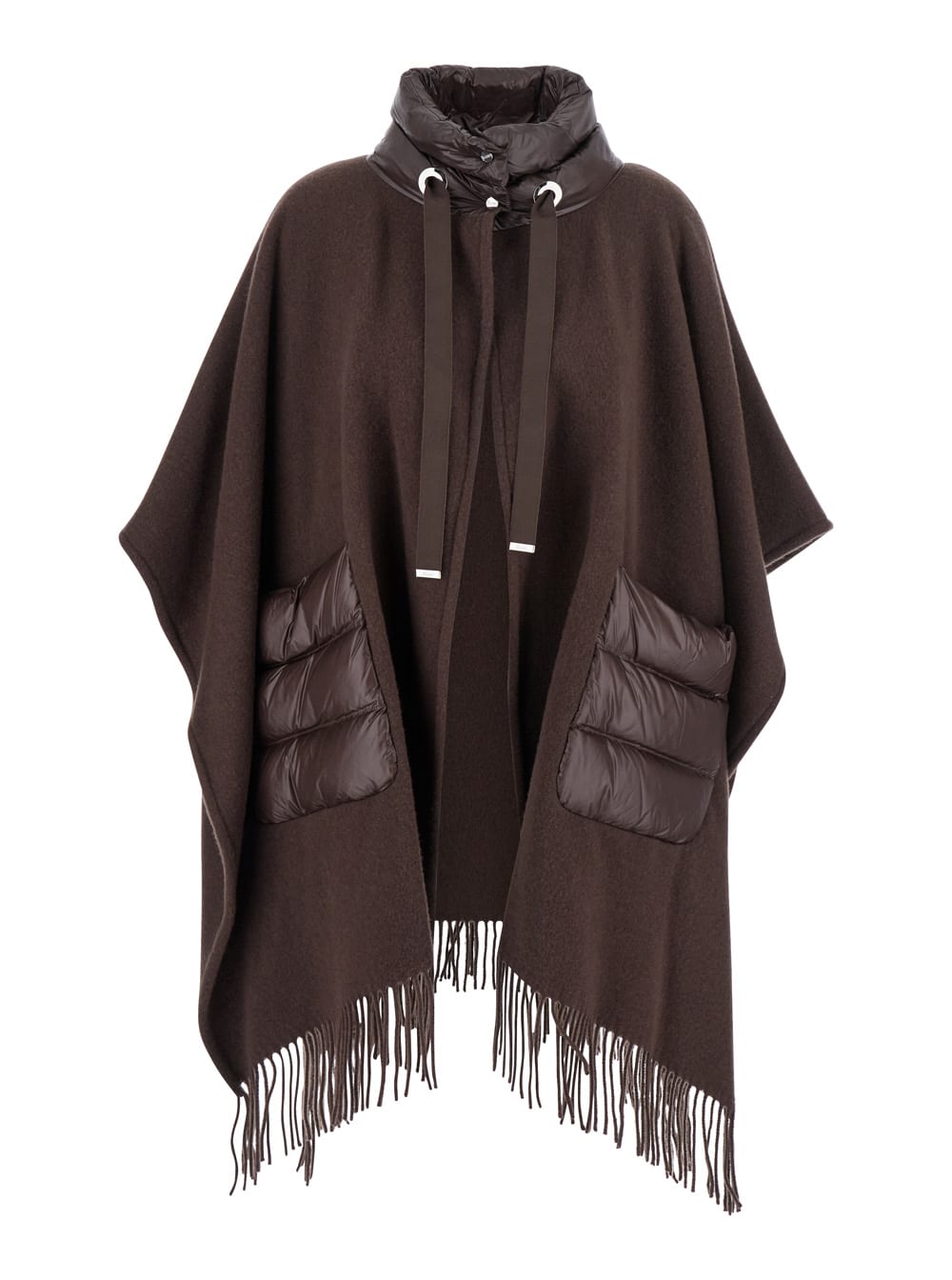 Brown Cape With Drawstring Collar And Fringed Hem In Tech Fabric Woman