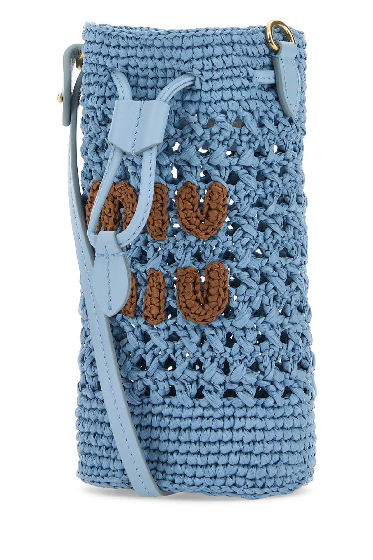 Shop Miu Miu Light Blue Crochet Bucket Bag In Celestecognac