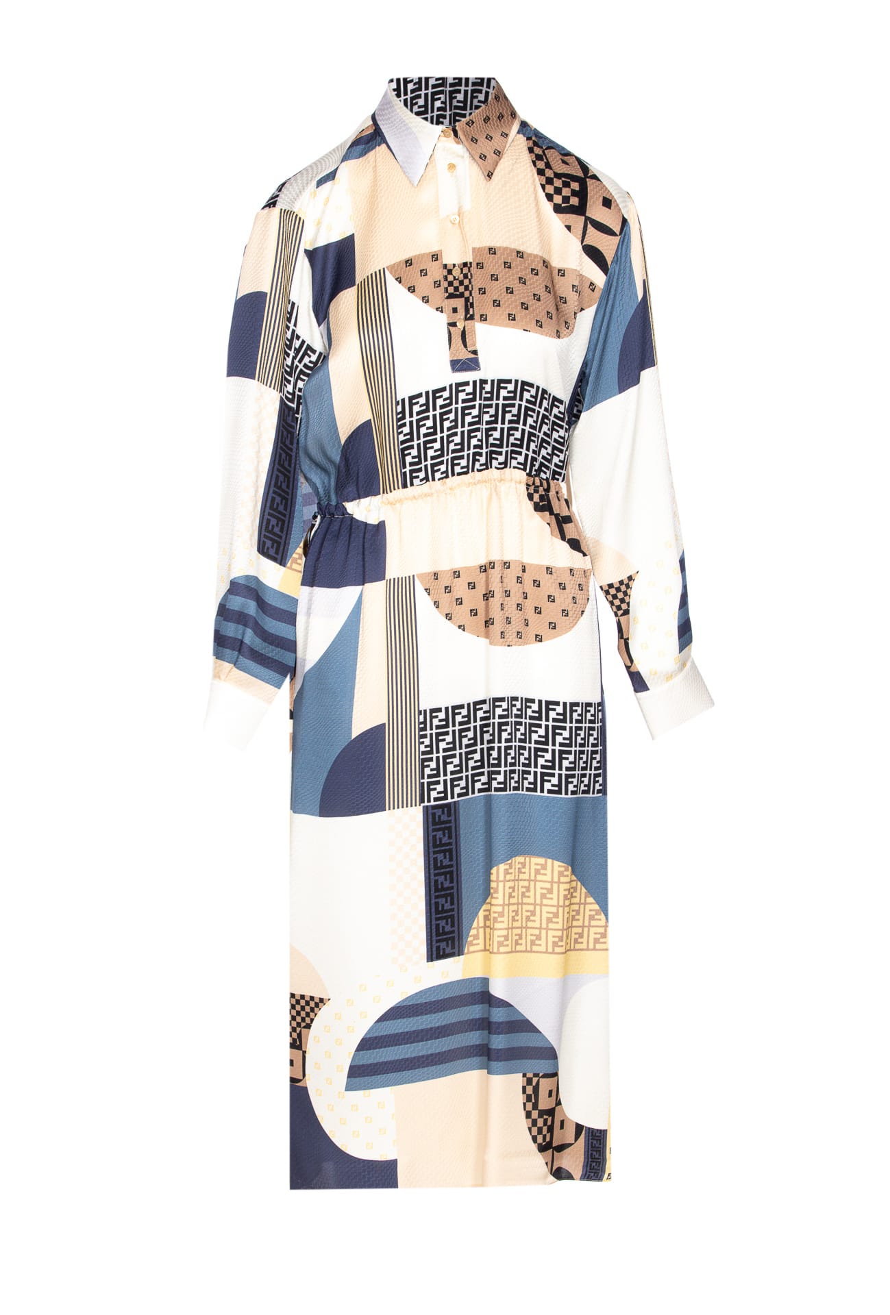 Fendi Midi Chemisier Patchwork Dress In Blue