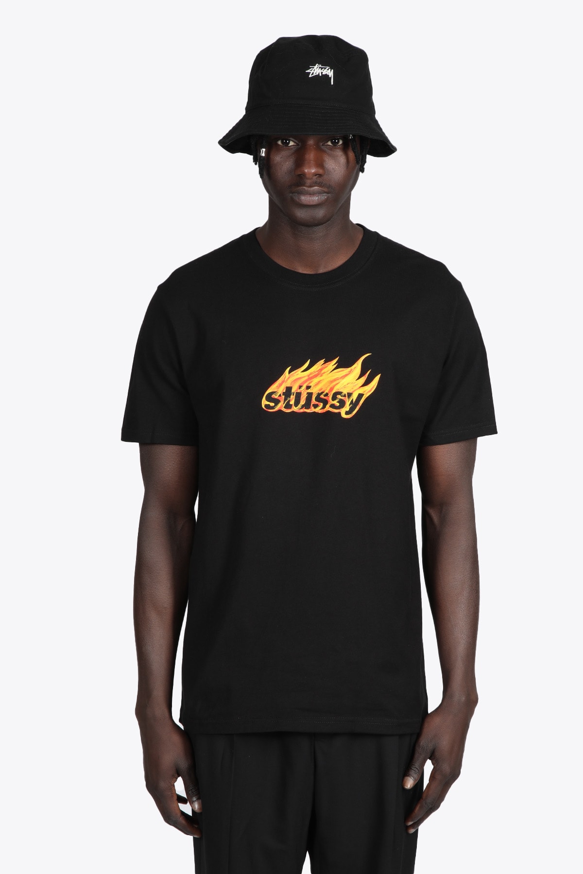Stussy Flames Tee Black cotton t-shirt with flames logo - Flames tee