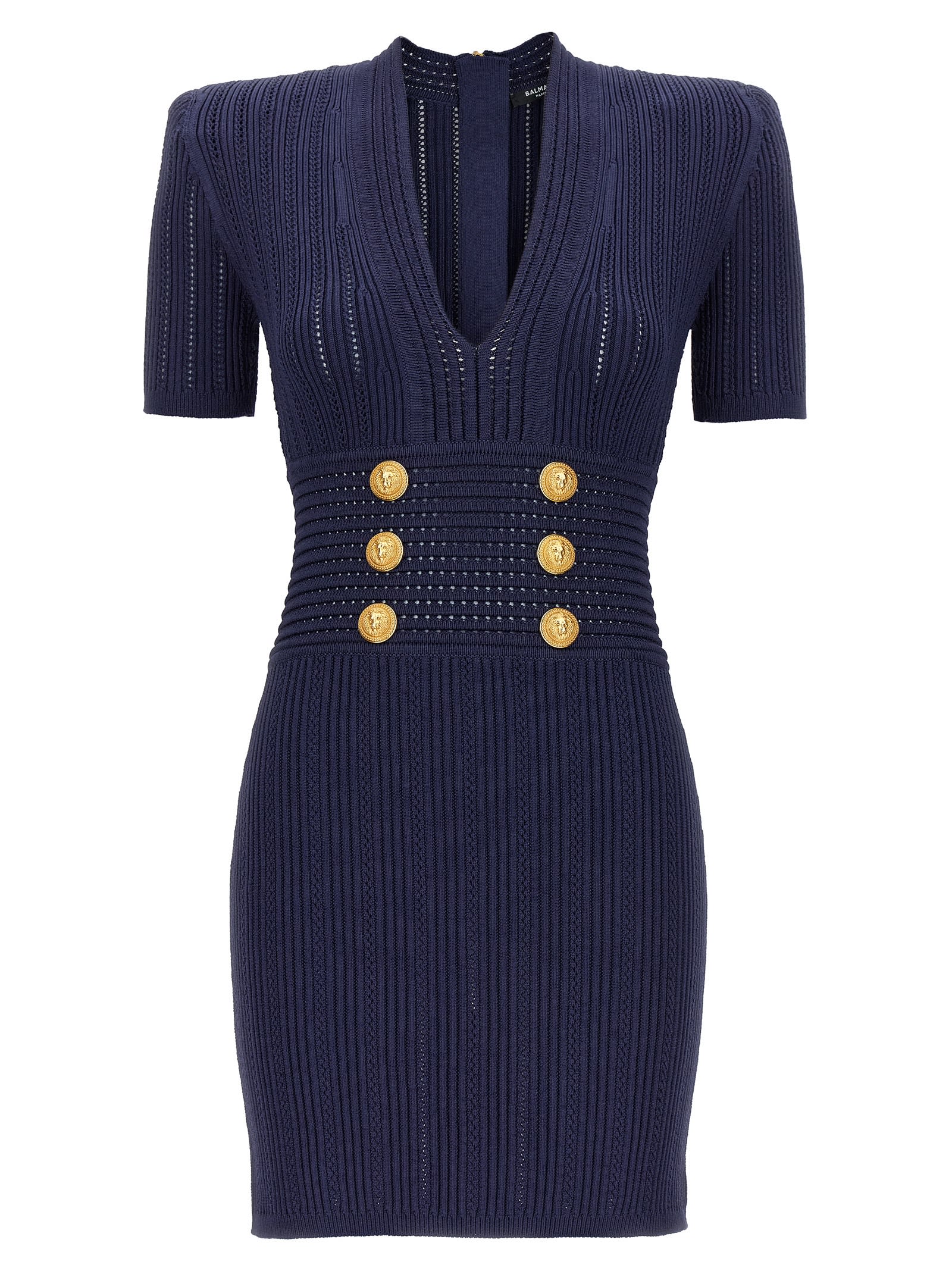 Balmain Button-embellished Ribbed-knit Mini Dress In Blue