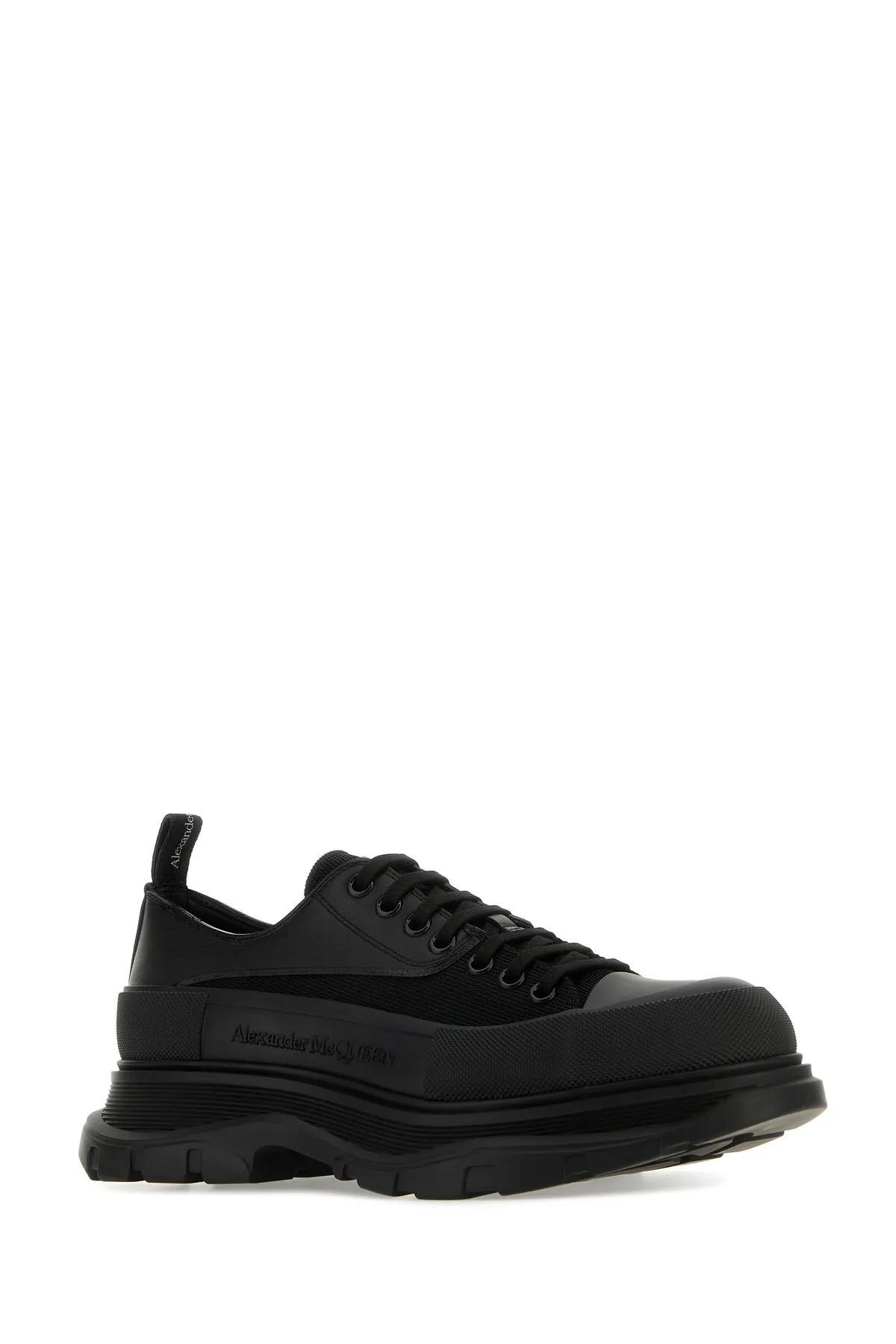 Shop Alexander Mcqueen Black Leather And Fabric Tread Slick Sneakers