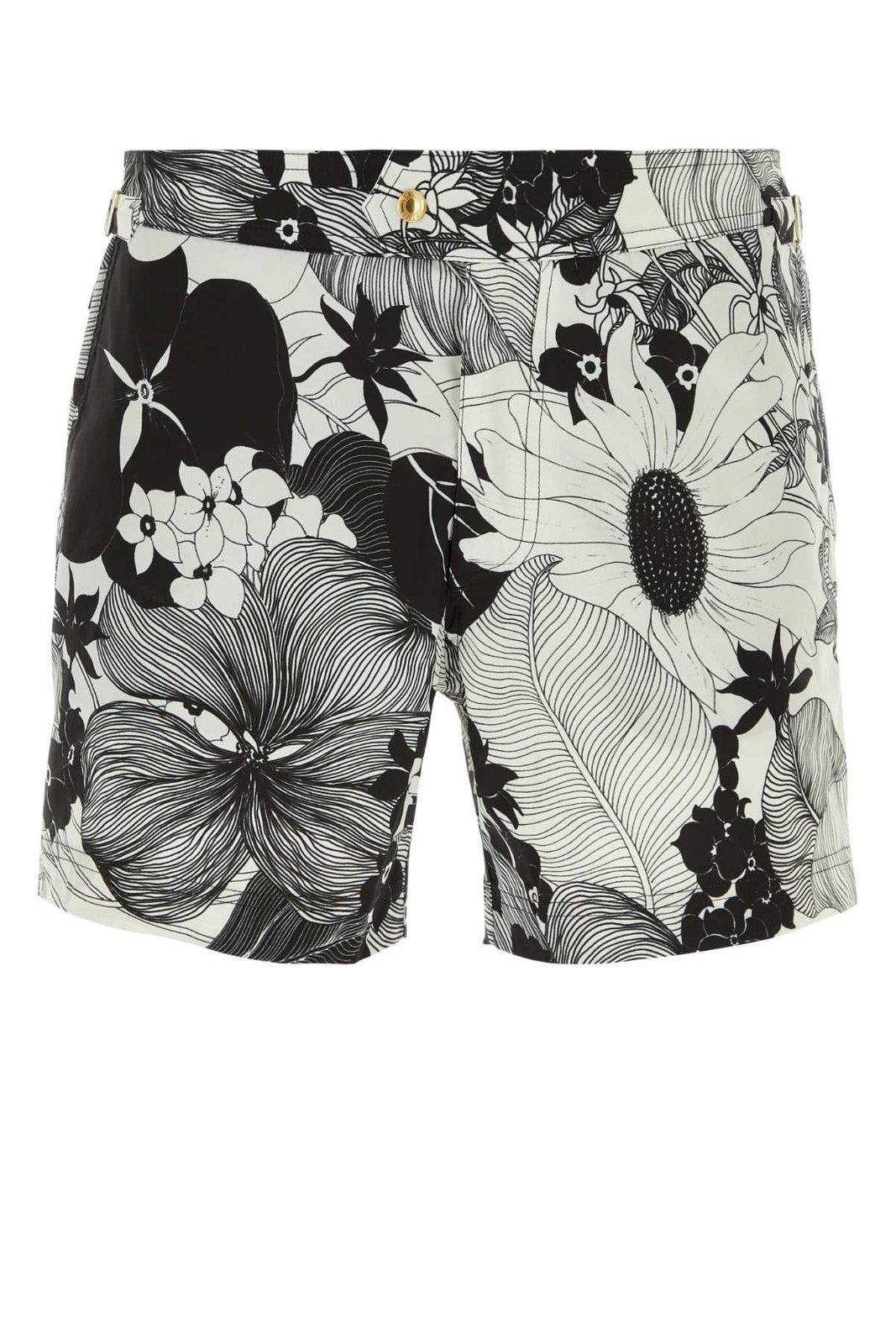 Shop Tom Ford Allover Floral Print Swim Shorts In Black/neutrals