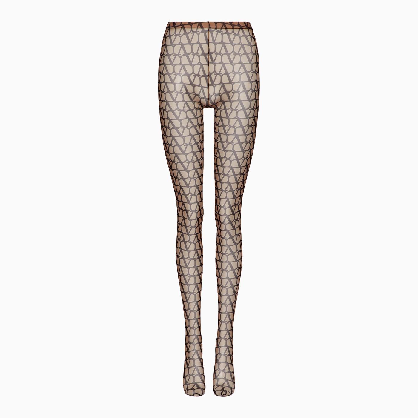 VALENTINO BEIGE\/BLACK TIGHTS WITH ALL-OVER LOGO