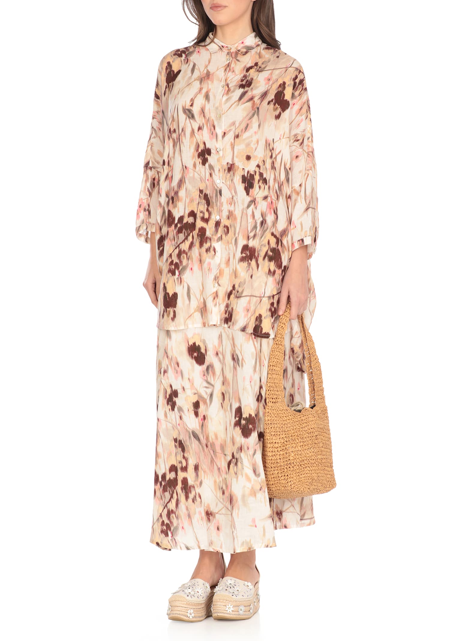120% Lino White Cotton Skirt In Multi