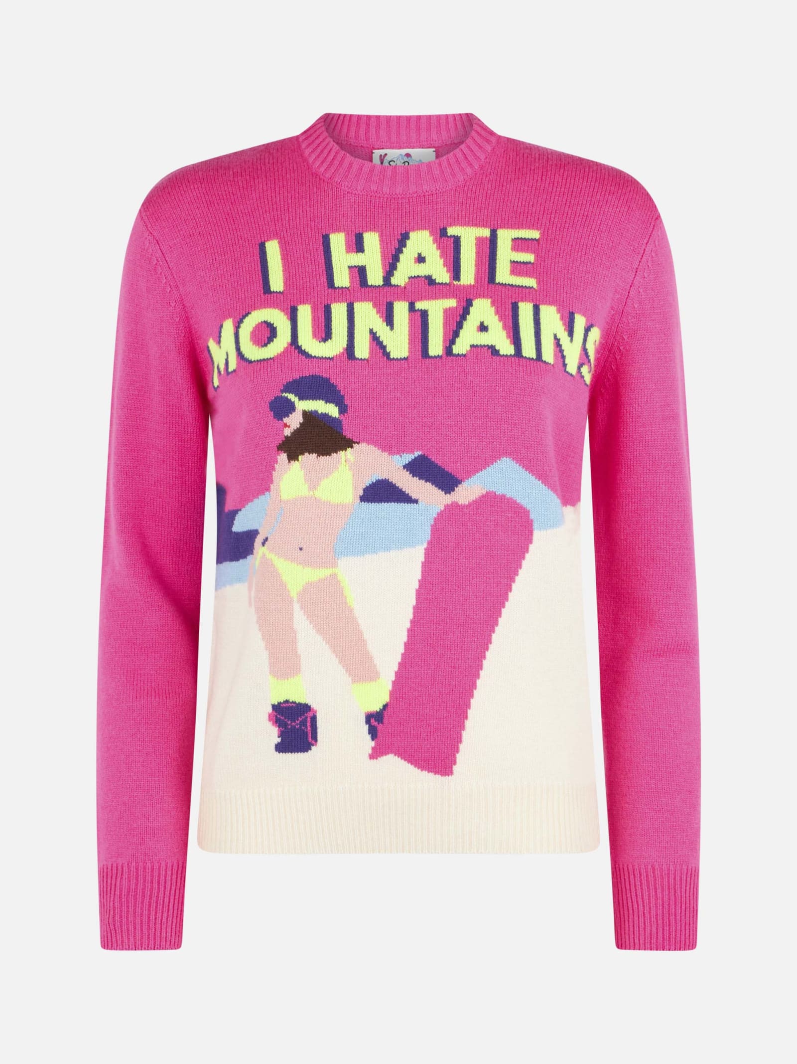 Shop Mc2 Saint Barth Woman Crewneck Fluo Pink Sweater With I Hate Mountains Postcard Print