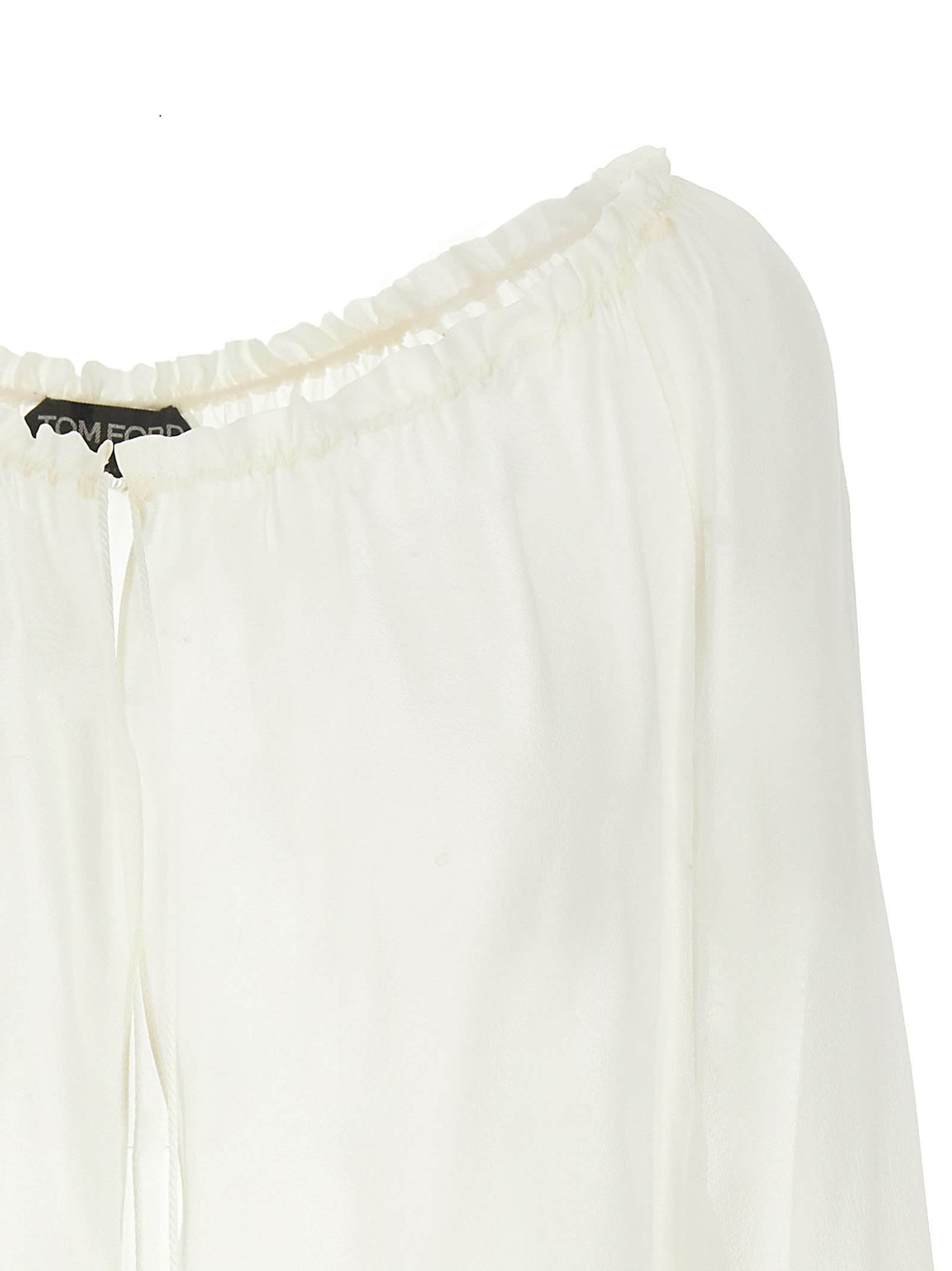 Tom Ford Silk Blouse Sheer Elastic Neckline Long Sleeves In White