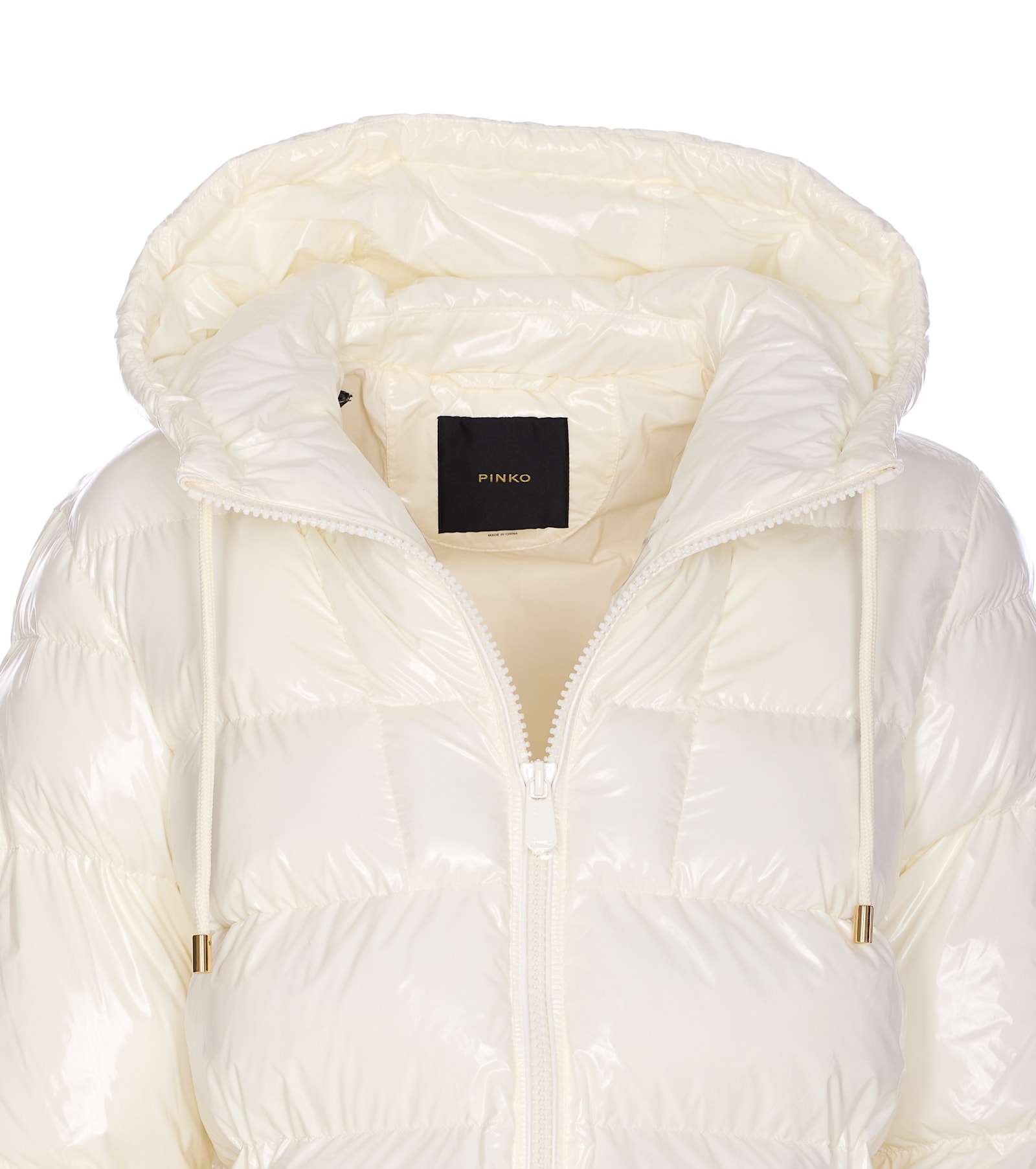 Pinko Quilted Coat Hood Drawstring Detail In White