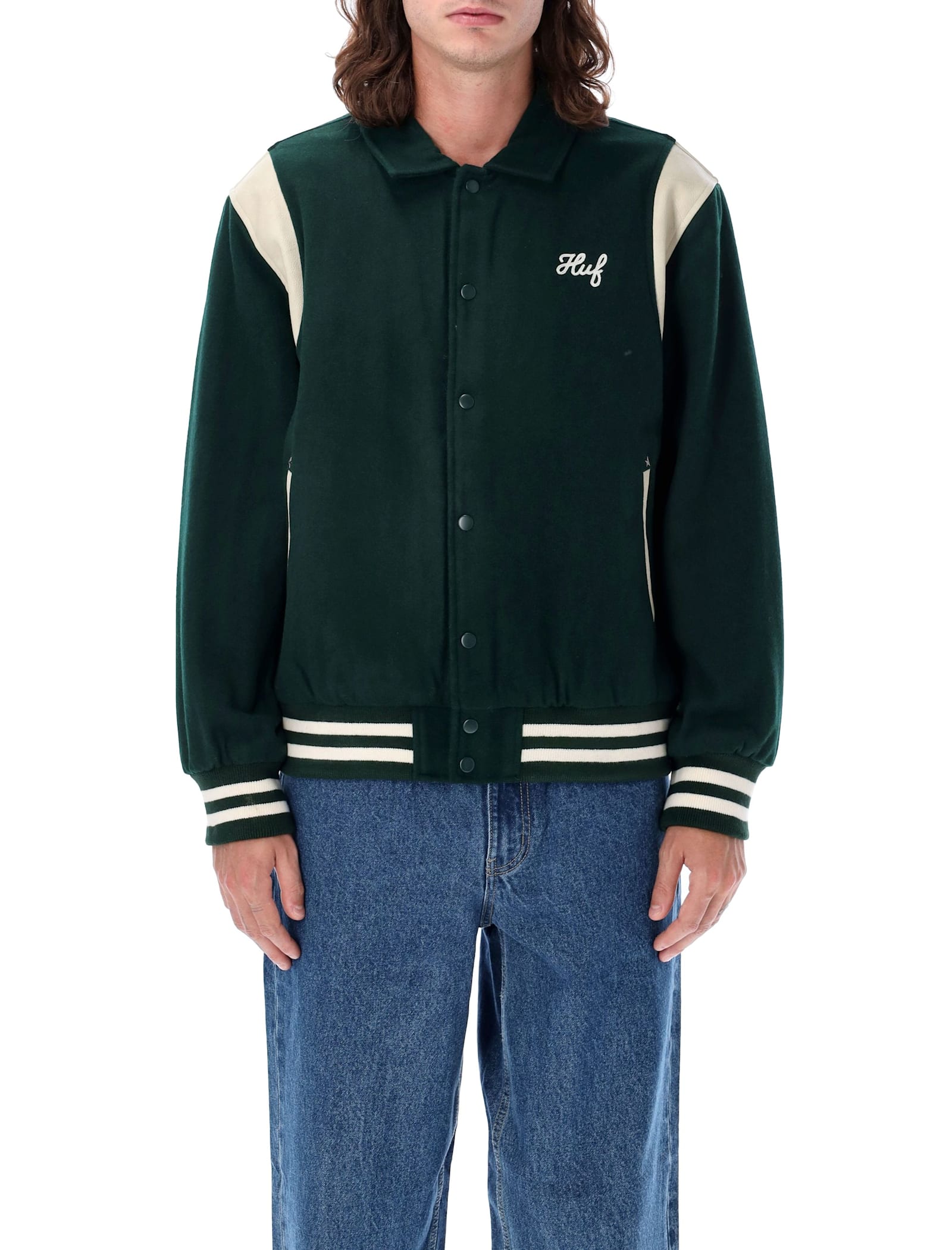 Shop Huf Varsity Jacket In Hunter Green