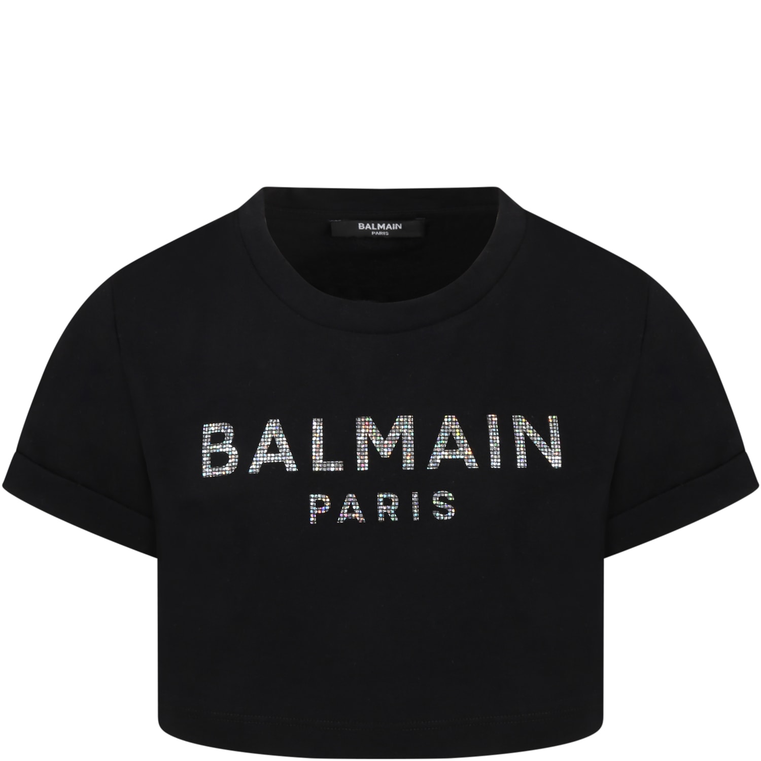 Balmain Black T-shirt For Girl With Rhinestoned Logo