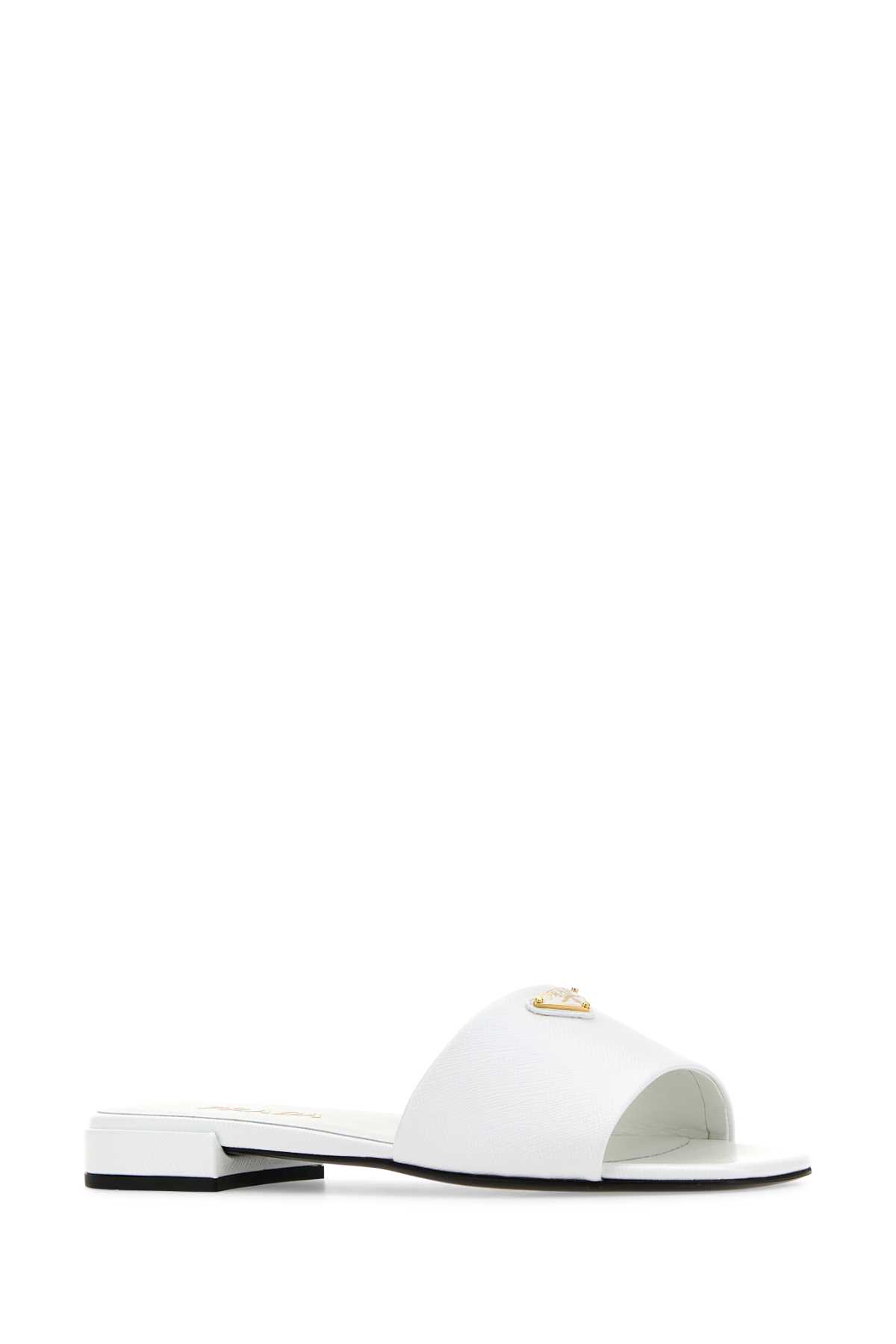 Shop Prada White Leather Slippers In Bianco