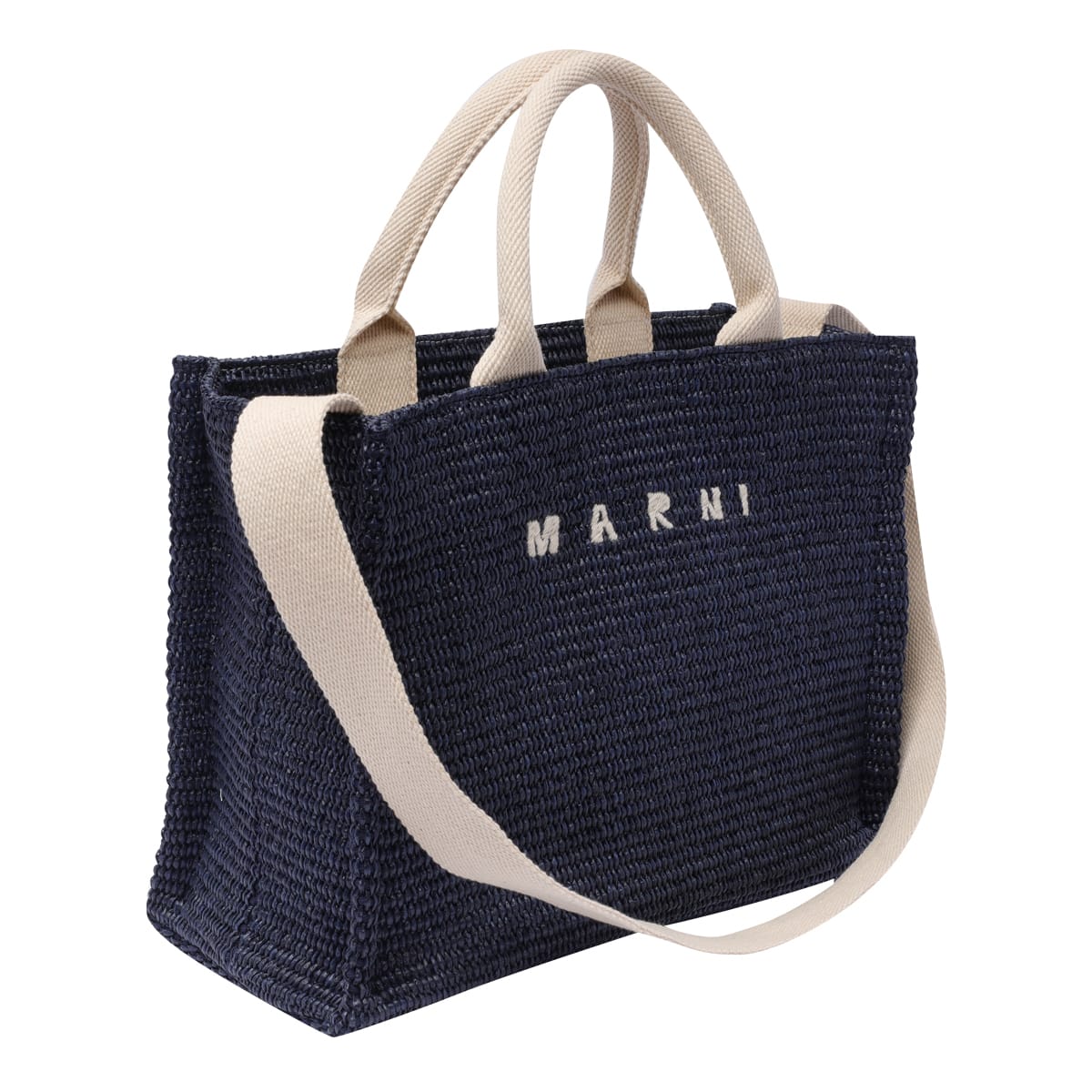 Shop Marni Small Rafia Effect Logo Tote Bag In Blue