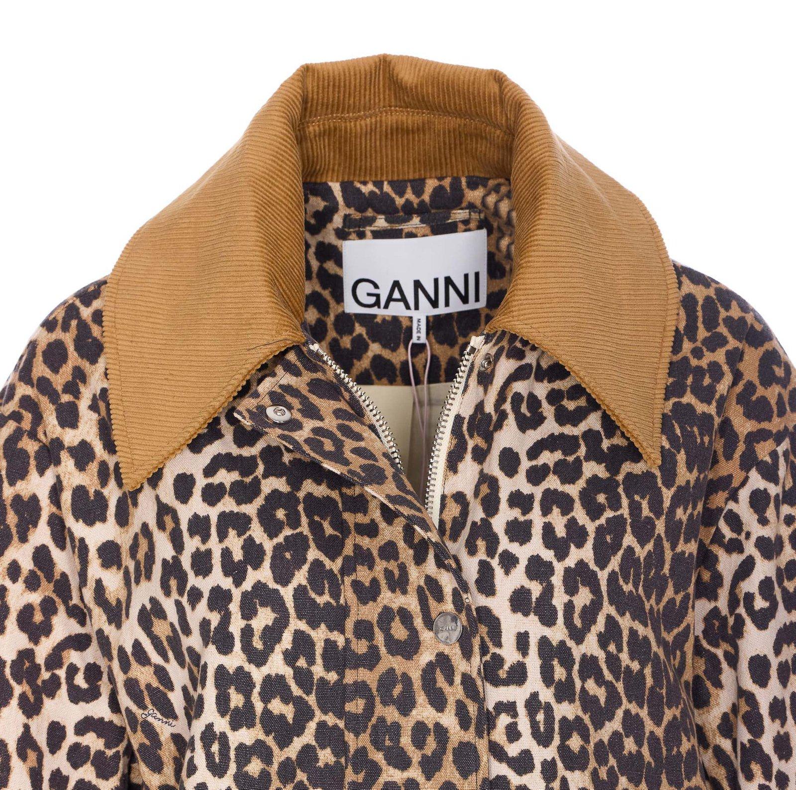 Ganni Leopard Printed Canvas Midi Puffer Jackets Brown In Multi
