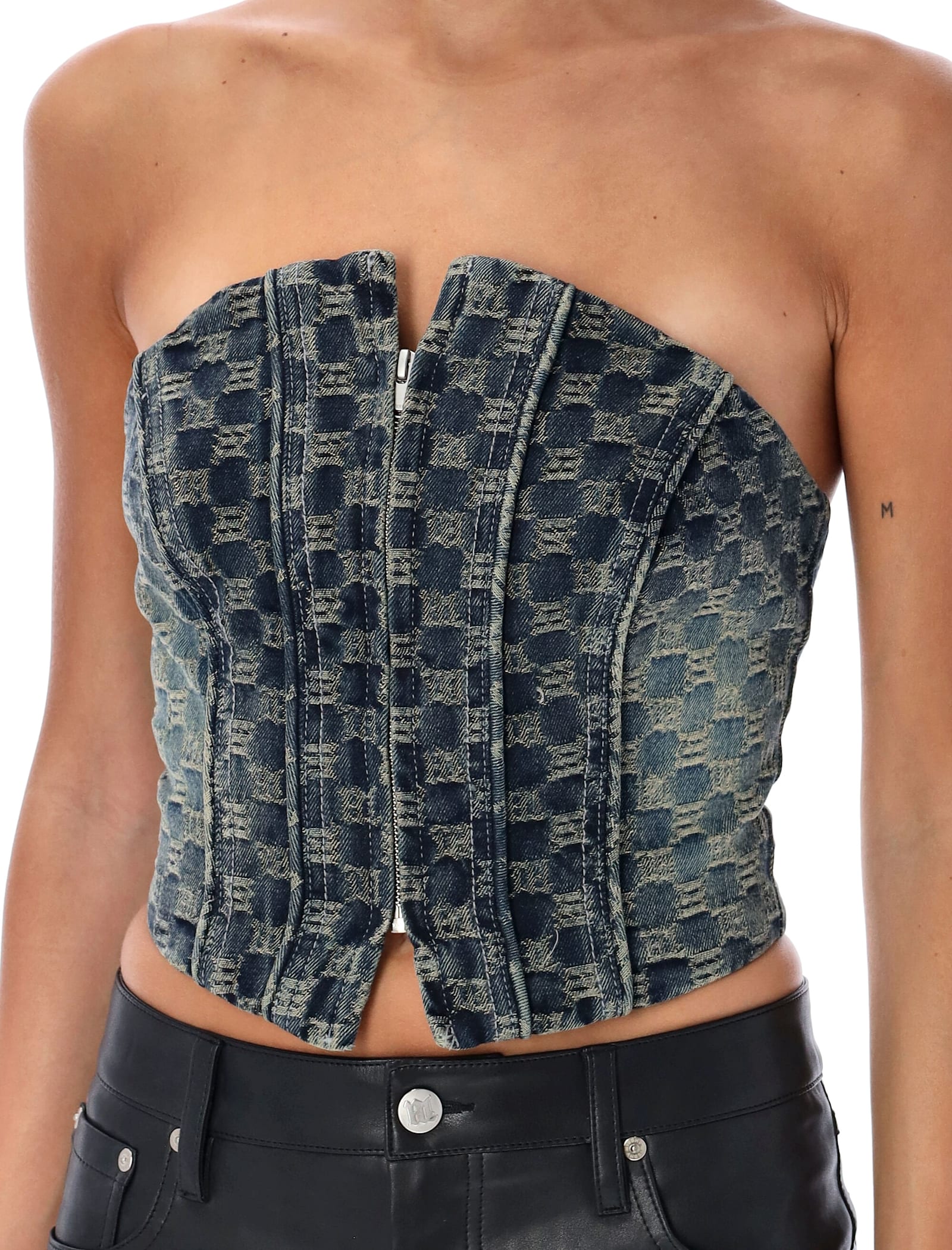 Shop Misbhv Jacquard Denim Monogram Corset In Dark Blue