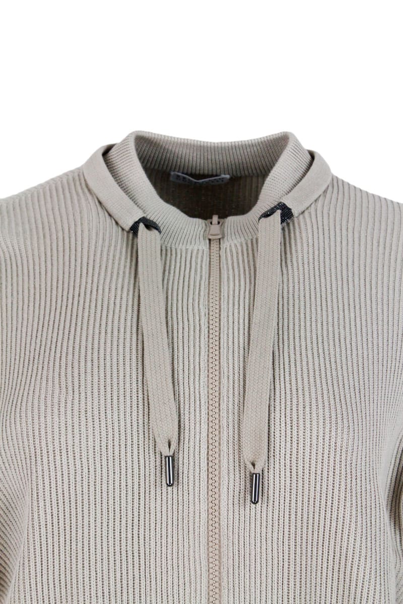 Shop Brunello Cucinelli Half English Rib Full Zip Crew Neck Sweater With Neck Ties With Tonal Monili In Beige