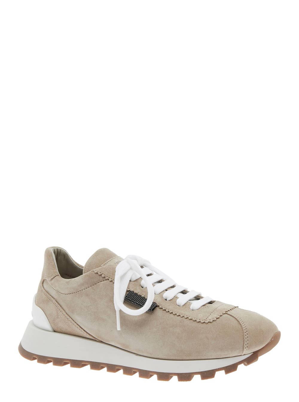 Brunello Cucinelli Beige Low Top Sneakers With Monil Detail On The Side And Embossed Logo Lettering On The Rear In Leat