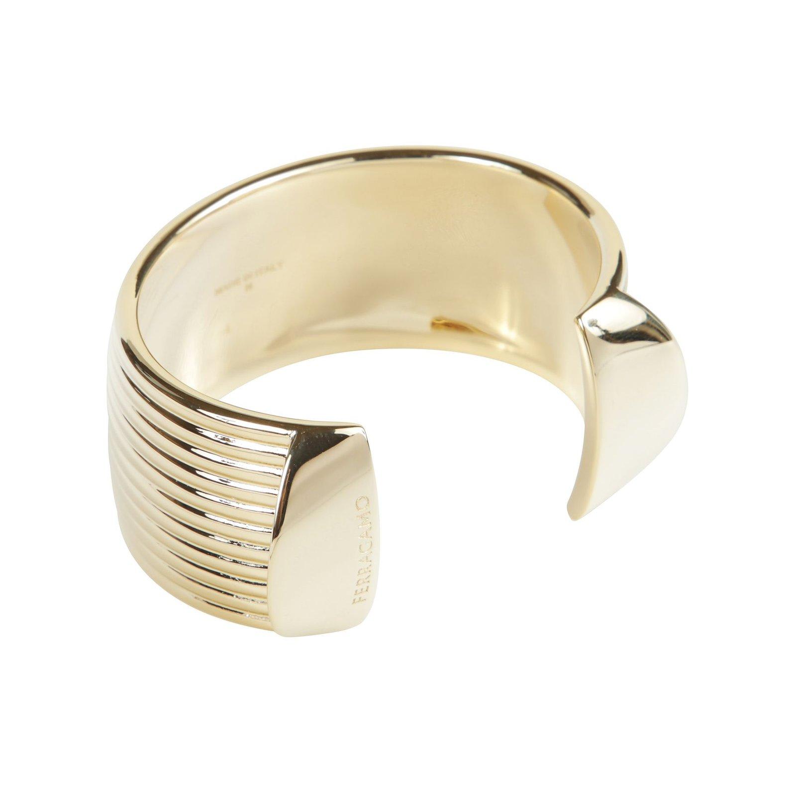 Shop Ferragamo Gancini Wide Striped Bangle In Yellow