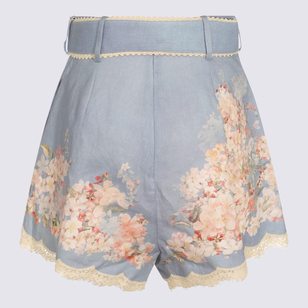Zimmermann Cascadian Belted Lace-trimmed Pleated Floral-print Linen Shorts In Blue