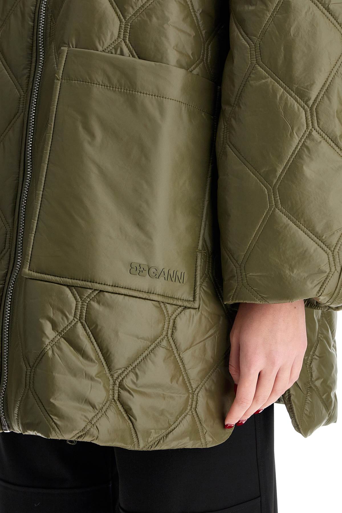 Ganni Lightweight Down Jacket With Oversized Collar In Kalamata (green)