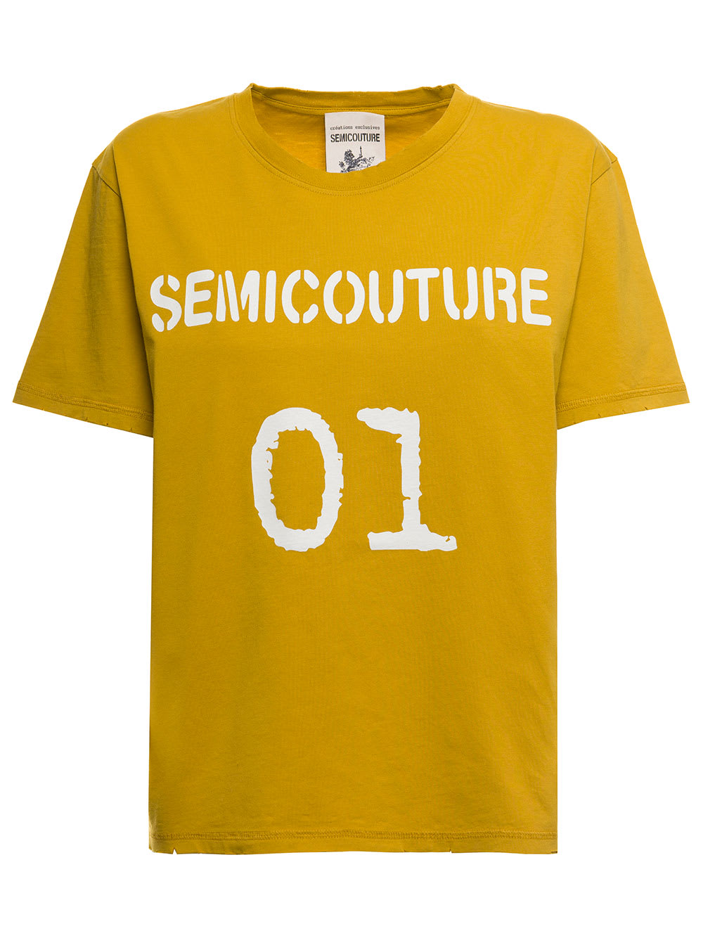 Mustard Cotton T-shirt With Semicouture Logo Print
