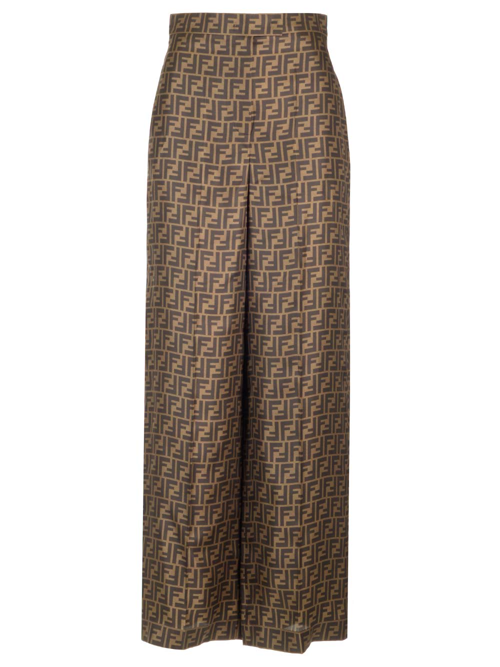 Fendi Ff Silk Twill Wide Leg Pants In Brown