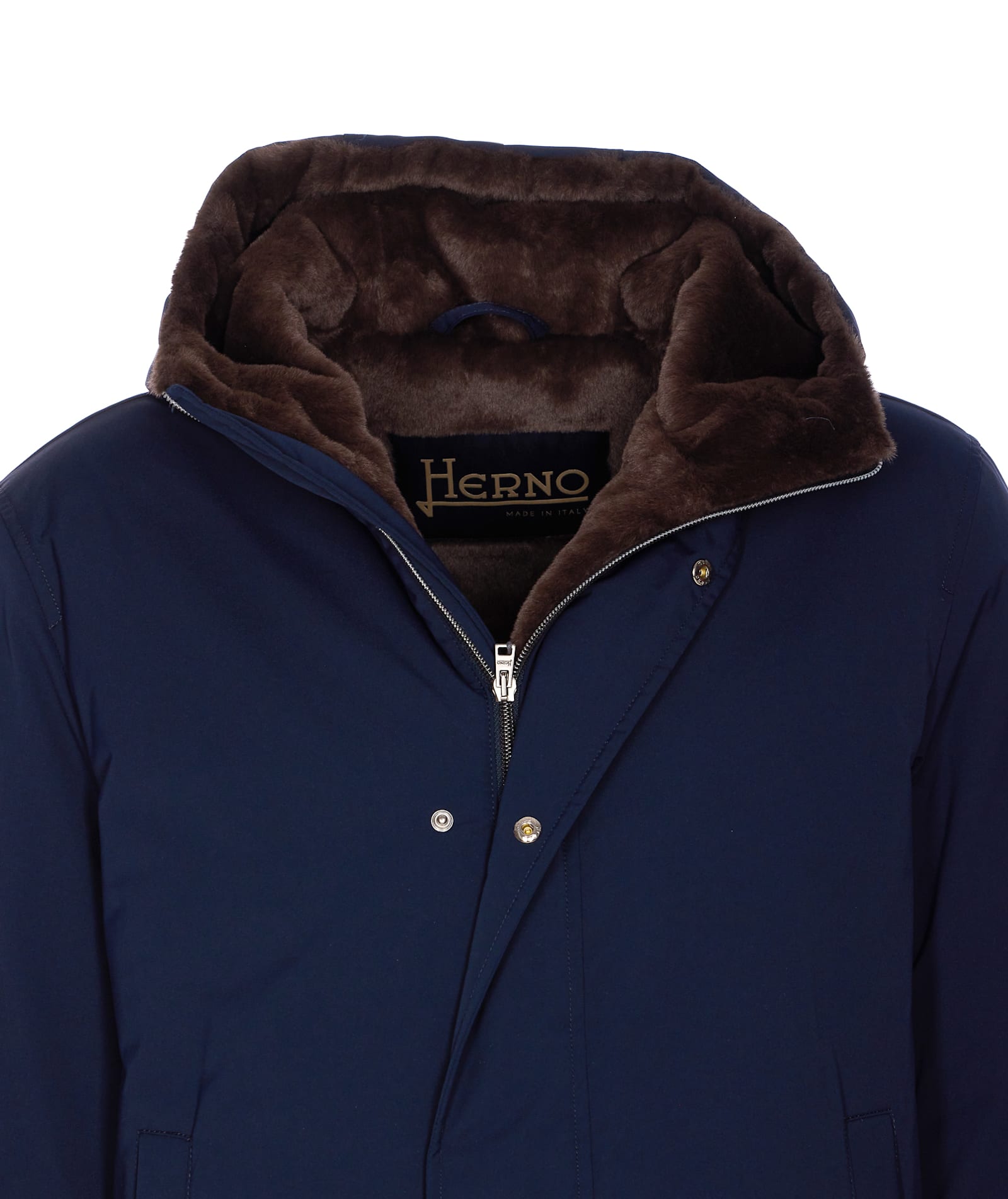 Herno Hooded Long Length Padded Coat With Button Pockets In Blue