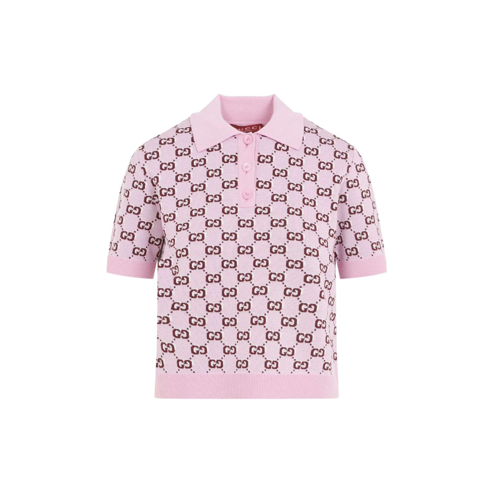 Gucci Wool Jacquard Polo Top With Gg Shadow In Pink Bordeaux Mc