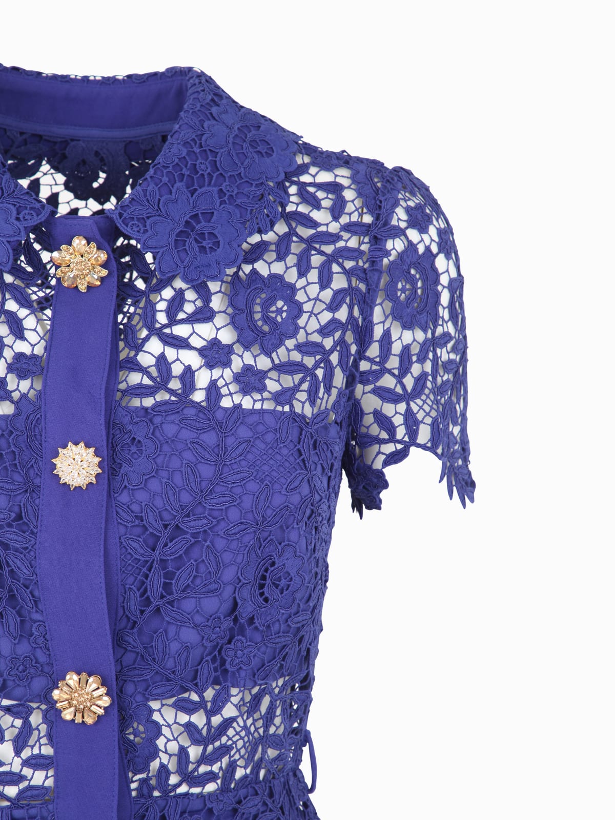 Shop Self-portrait Cobalt Rose Lace Button Midi Dress In Blue