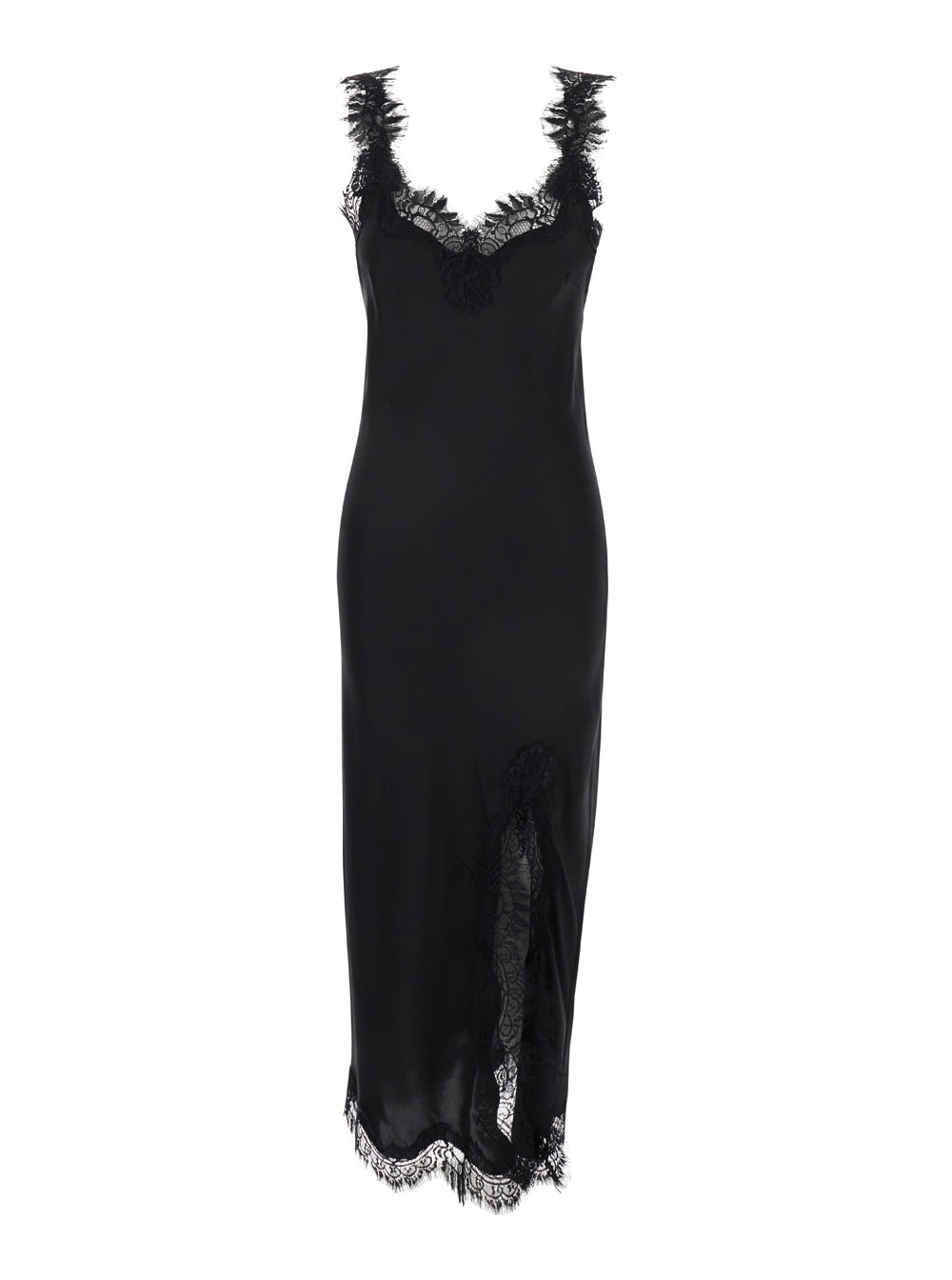 miley Long Black Dress With Tonal Lace Trim In Silk Woman