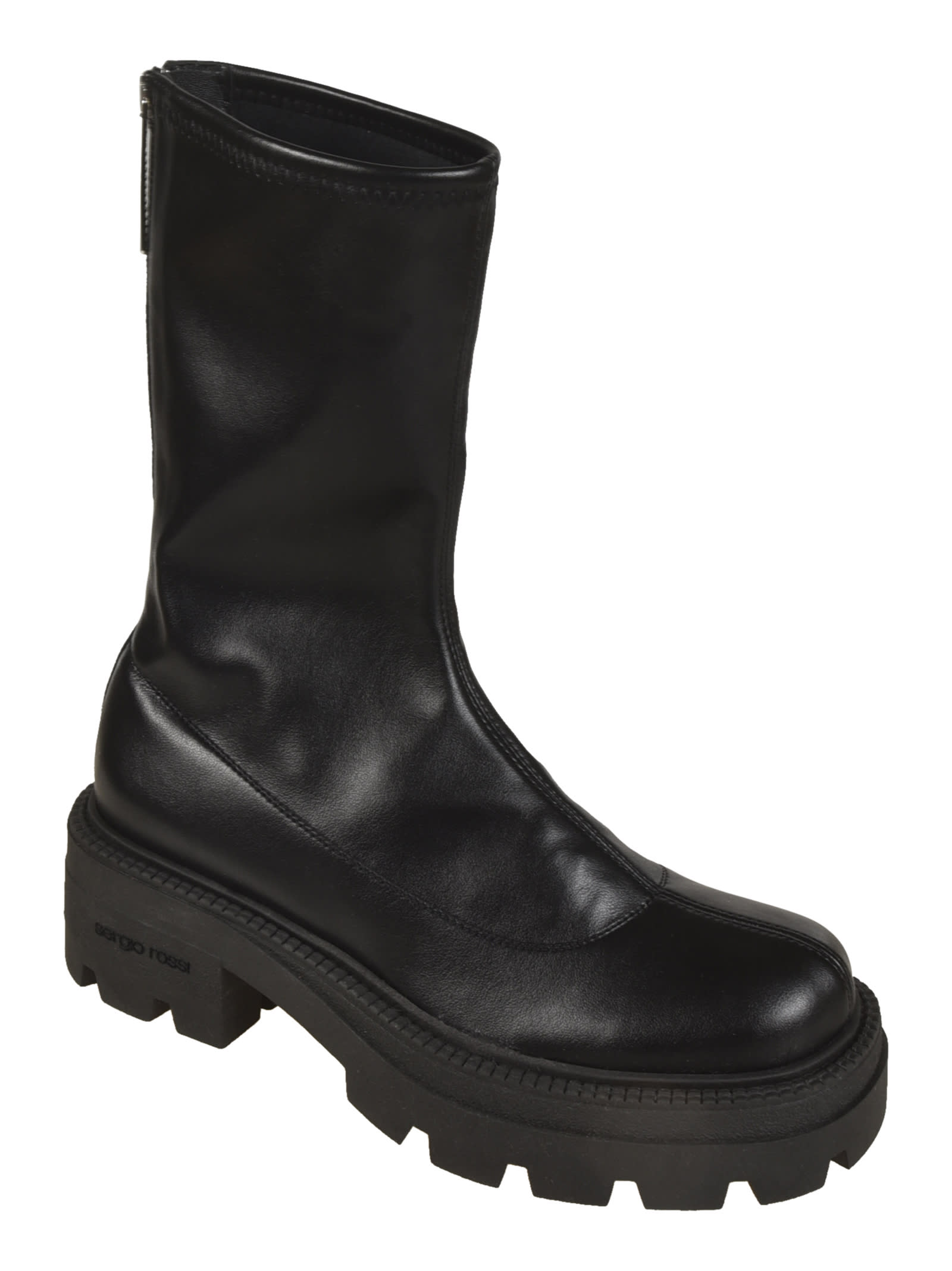 Sergio Rossi Chunky Sole Leather Mid-calf Round Toe Booties In Black