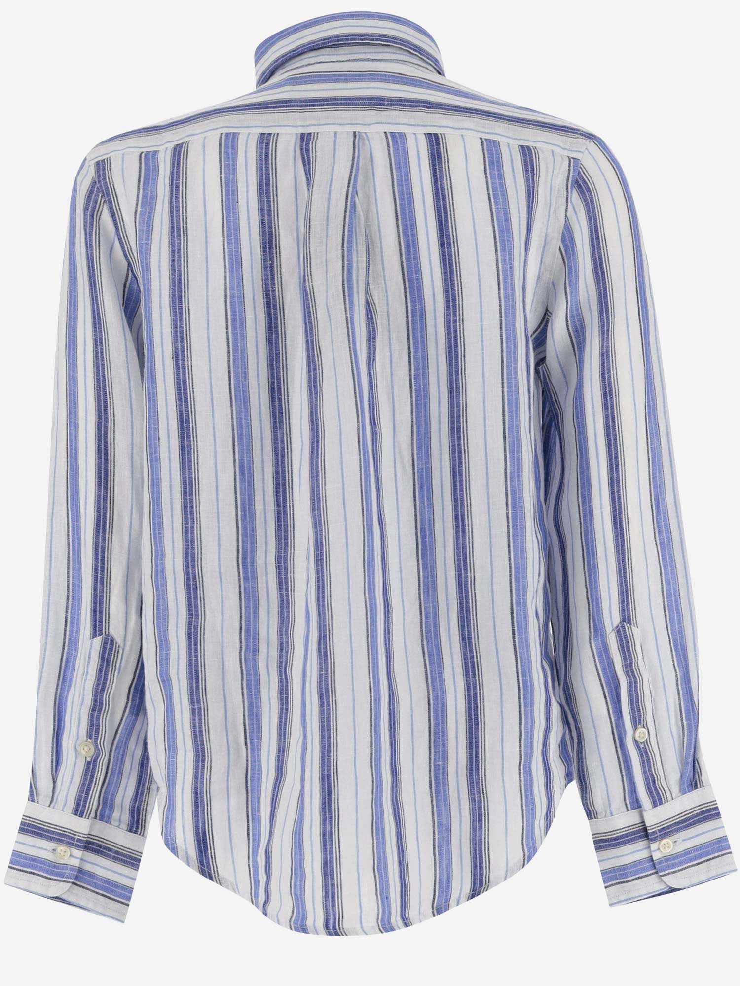 Shop Ralph Lauren Striped Linen Logo Shirt In Blu