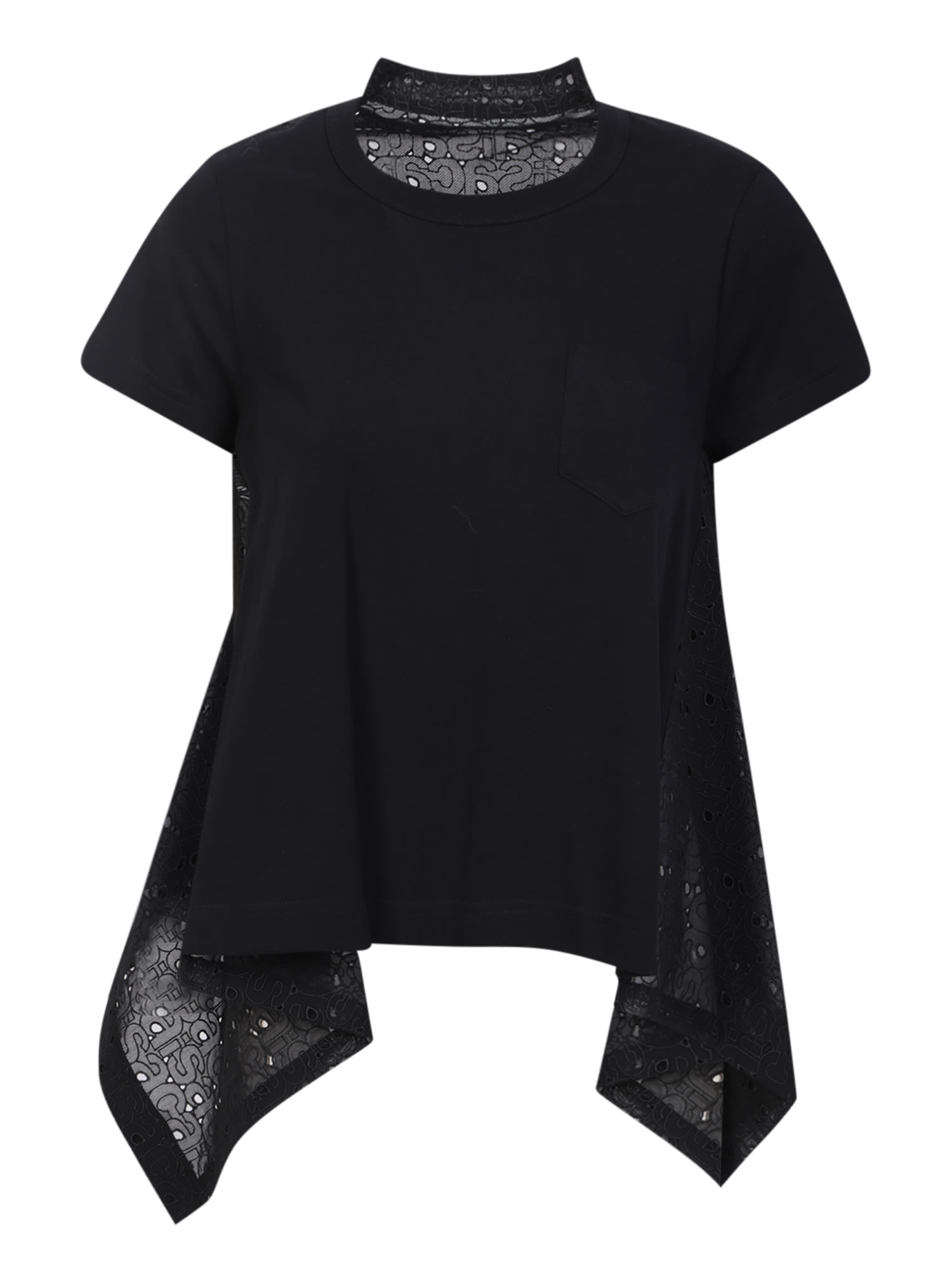 SACAI EMBROIDERED LACE BLACK T-SHIRT
