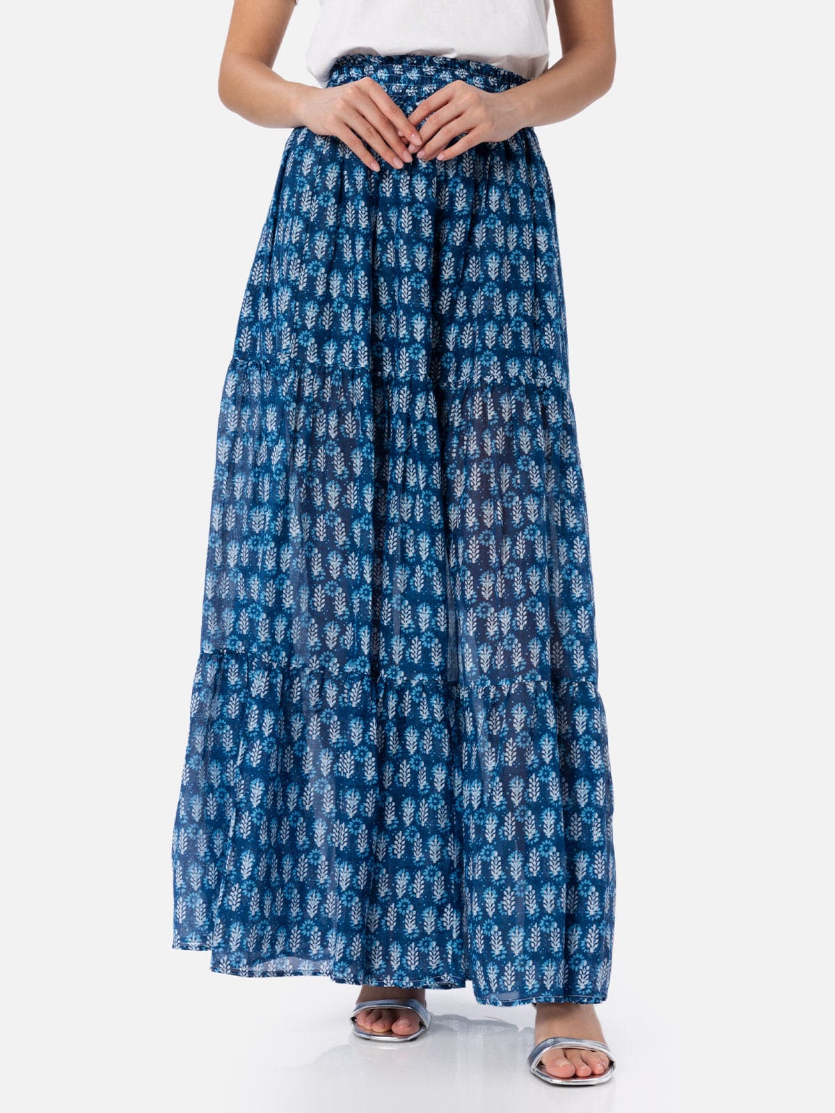 Shop Mc2 Saint Barth Woman Silk Voile Pleated Long Skirt Cheyenne In Blue